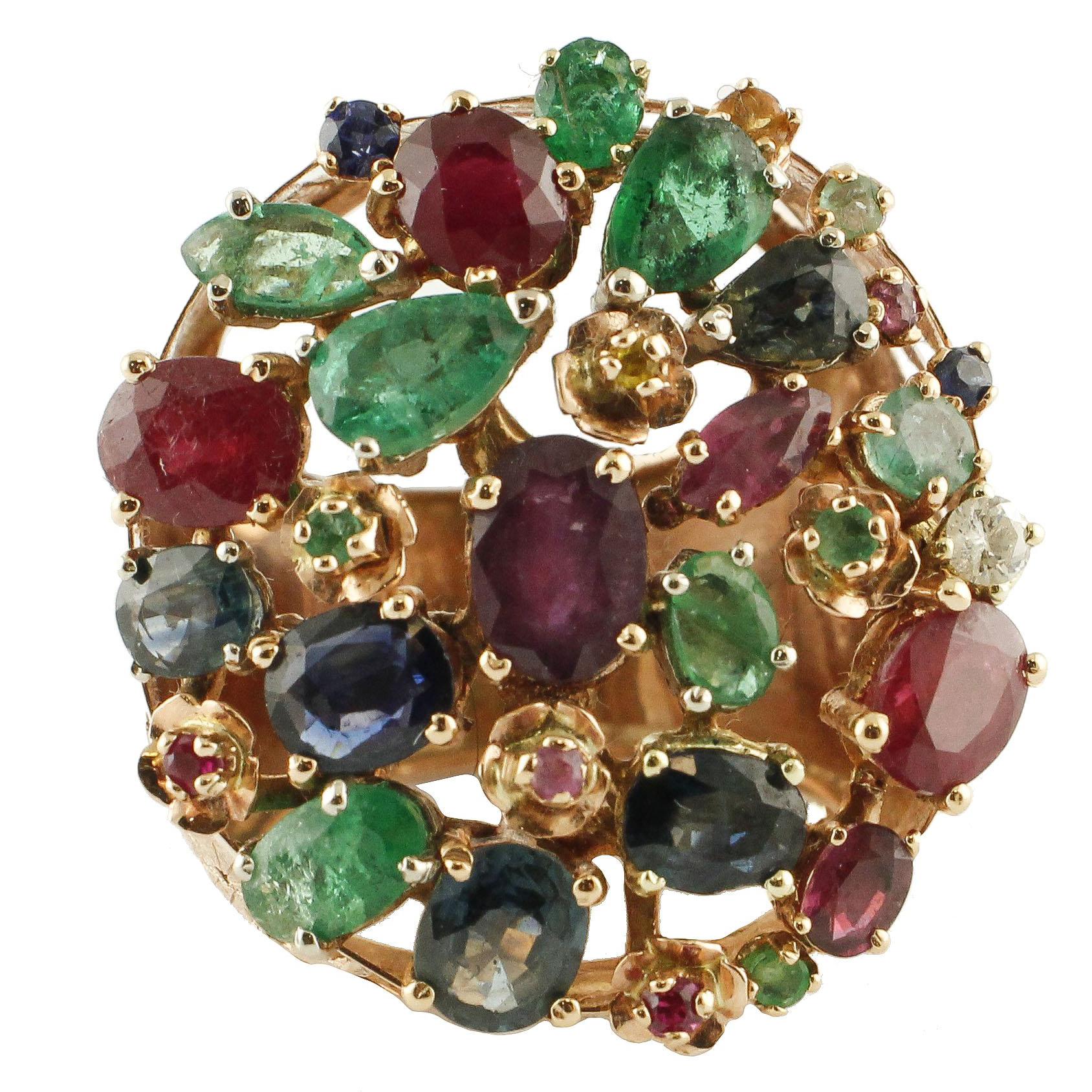 Gold Diamond Ruby Sapphire Emerald Cluster Ring For Sale