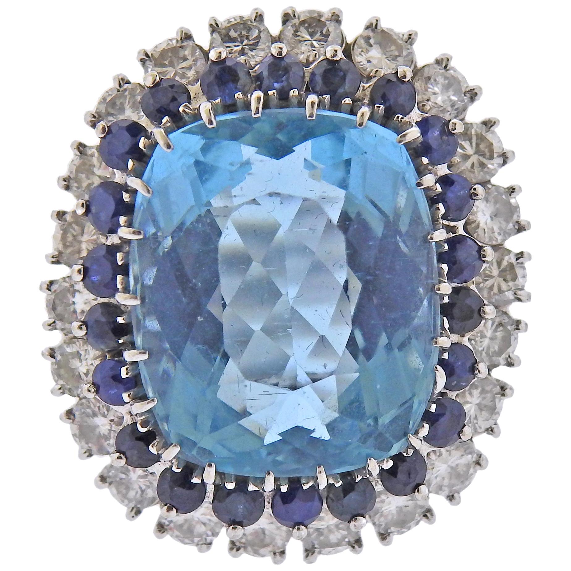 Gold Diamond Sapphire 14.5 Carat Aquamarine Ring For Sale