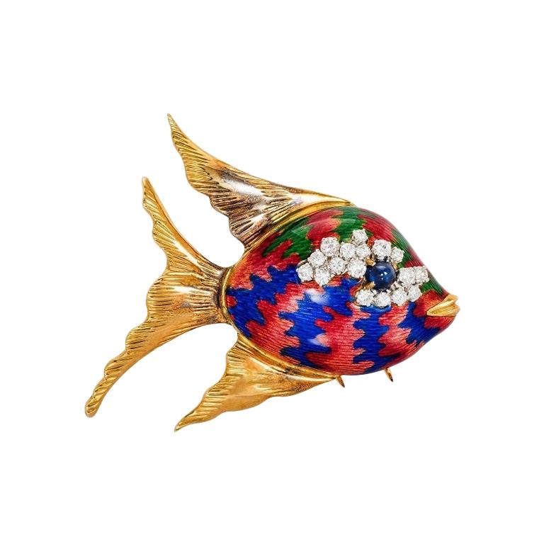 Gold, Diamond, Sapphire and Multi-Color Enamel Fish Brooch, circa 1970s