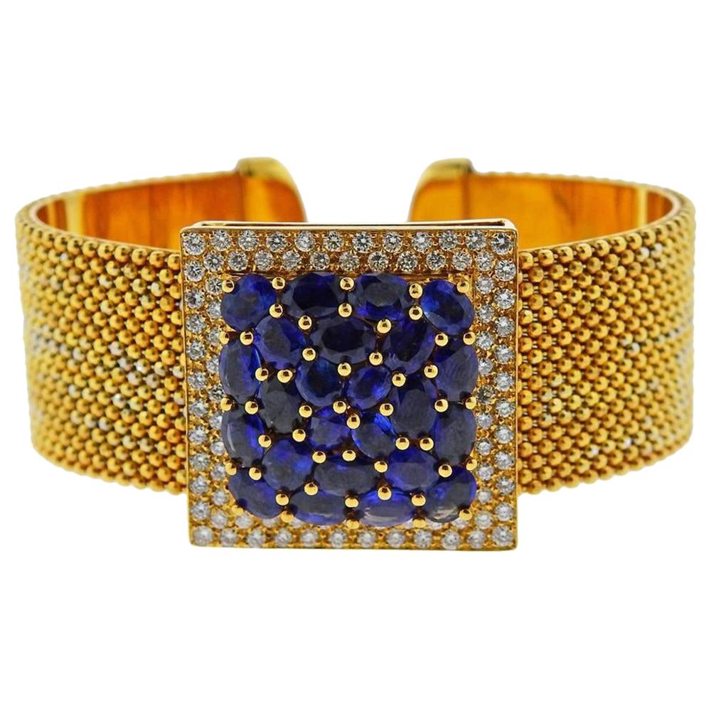 Gold Diamond Sapphire Cuff Bracelet For Sale