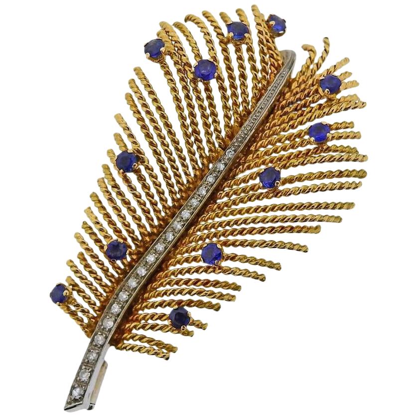 Gold Diamond Sapphire Feather Brooch Pin