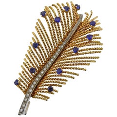 Vintage Gold Diamond Sapphire Feather Brooch Pin