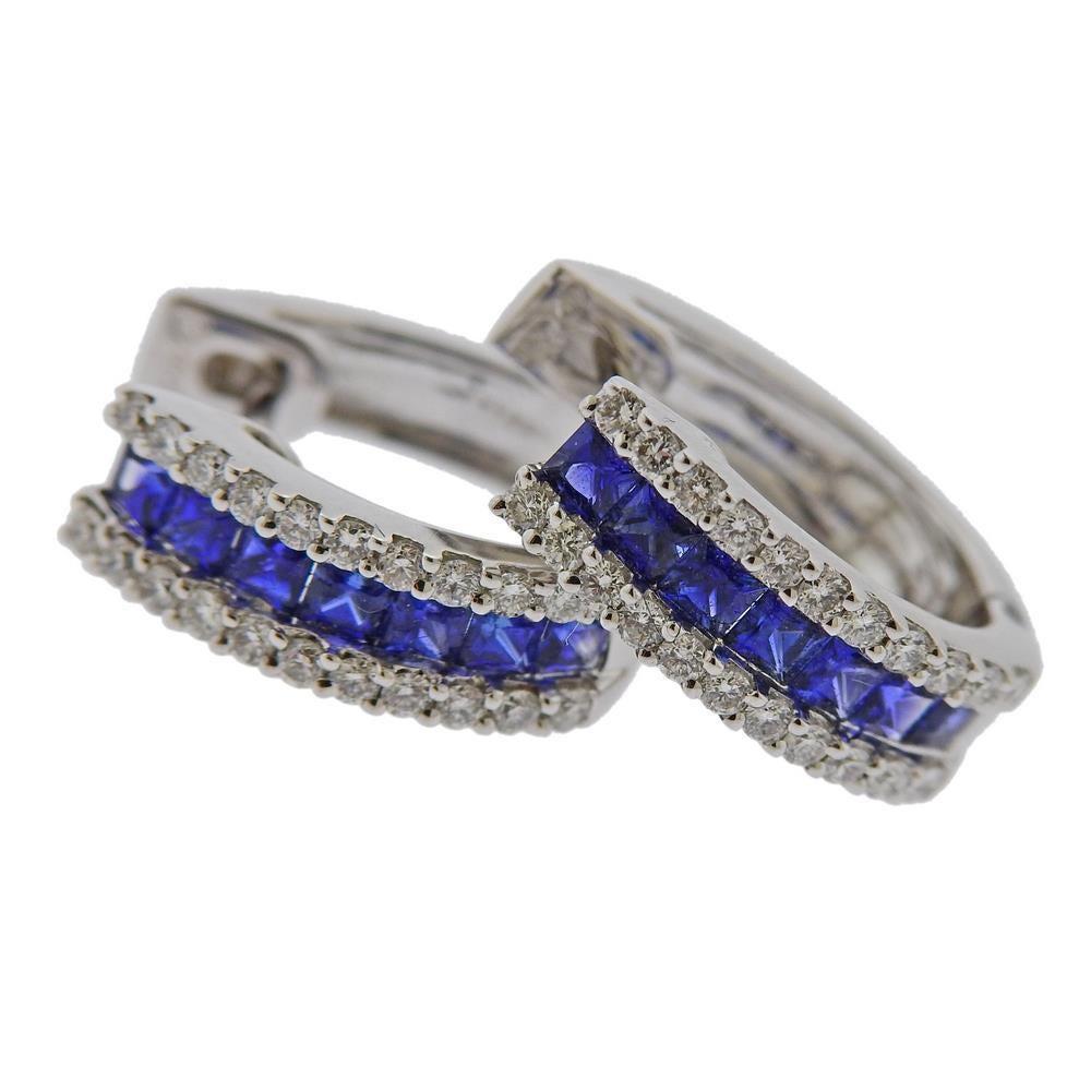 18k gold hoop earrings with sapphires and diamonds approx. 0.35ctw. Measure - 15mm in diameter  x 5mm wide. Weights 5.3 grams. Marked RT 750.