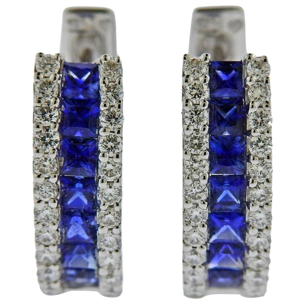 Gold Diamond Sapphire Hoop Earrings For Sale