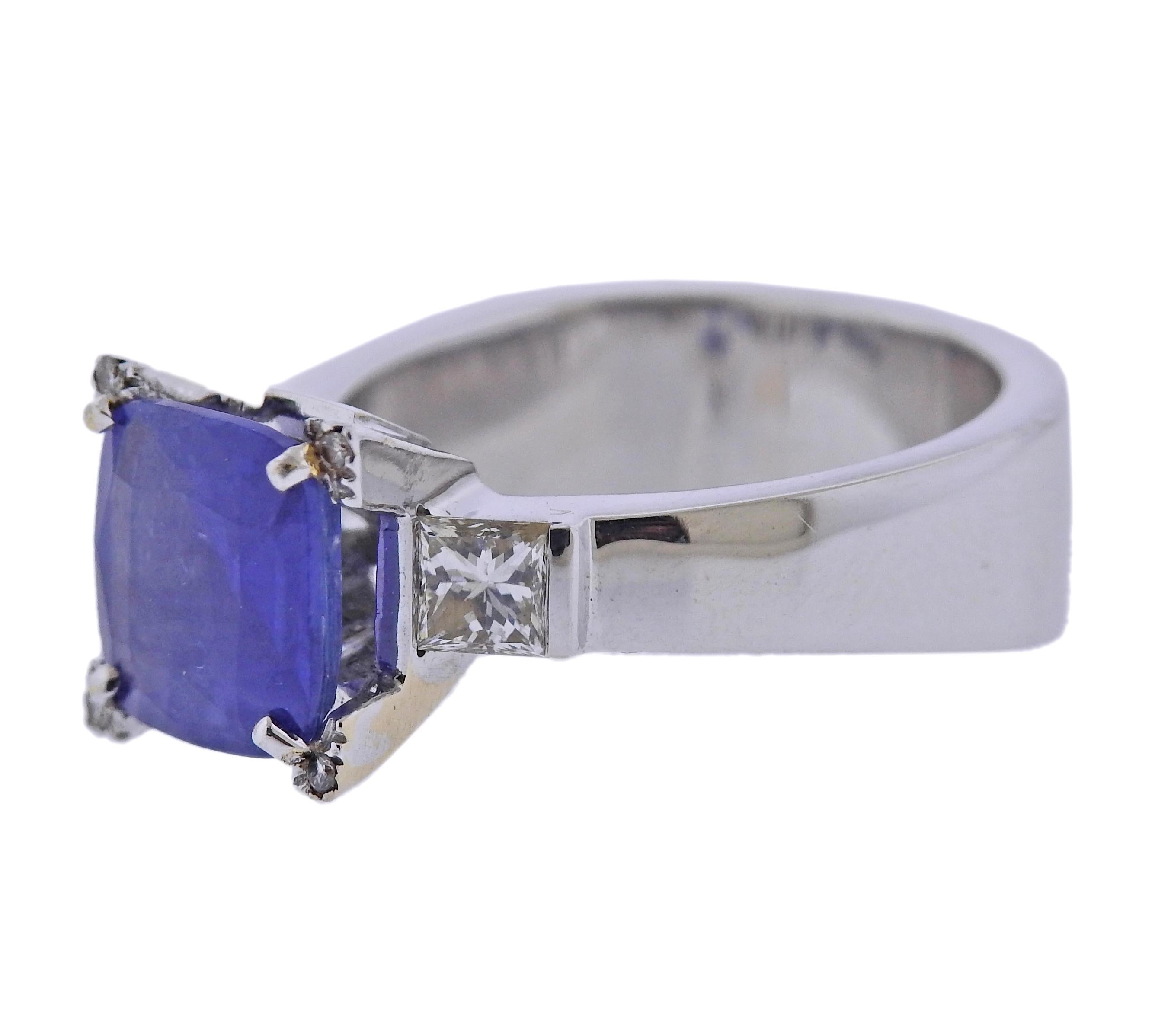 Square Cut Gold Diamond Sapphire Ring For Sale