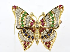 Gold, Diamond, Sapphire, Ruby and Emerald Large Vintage Butterfly Pin/Pendant