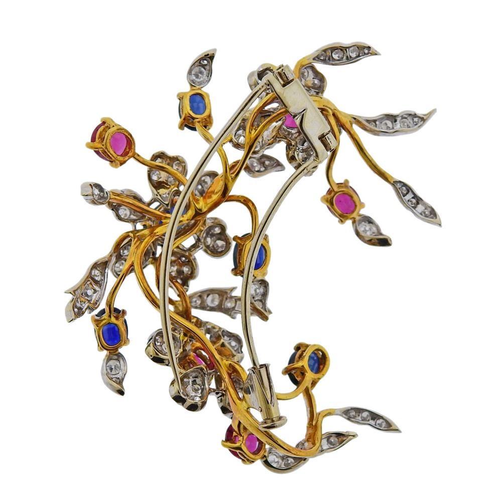 Gold Diamond Sapphire Ruby Flower Brooch Pin In Excellent Condition In New York, NY