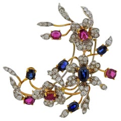Gold Diamond Sapphire Ruby Flower Brooch Pin