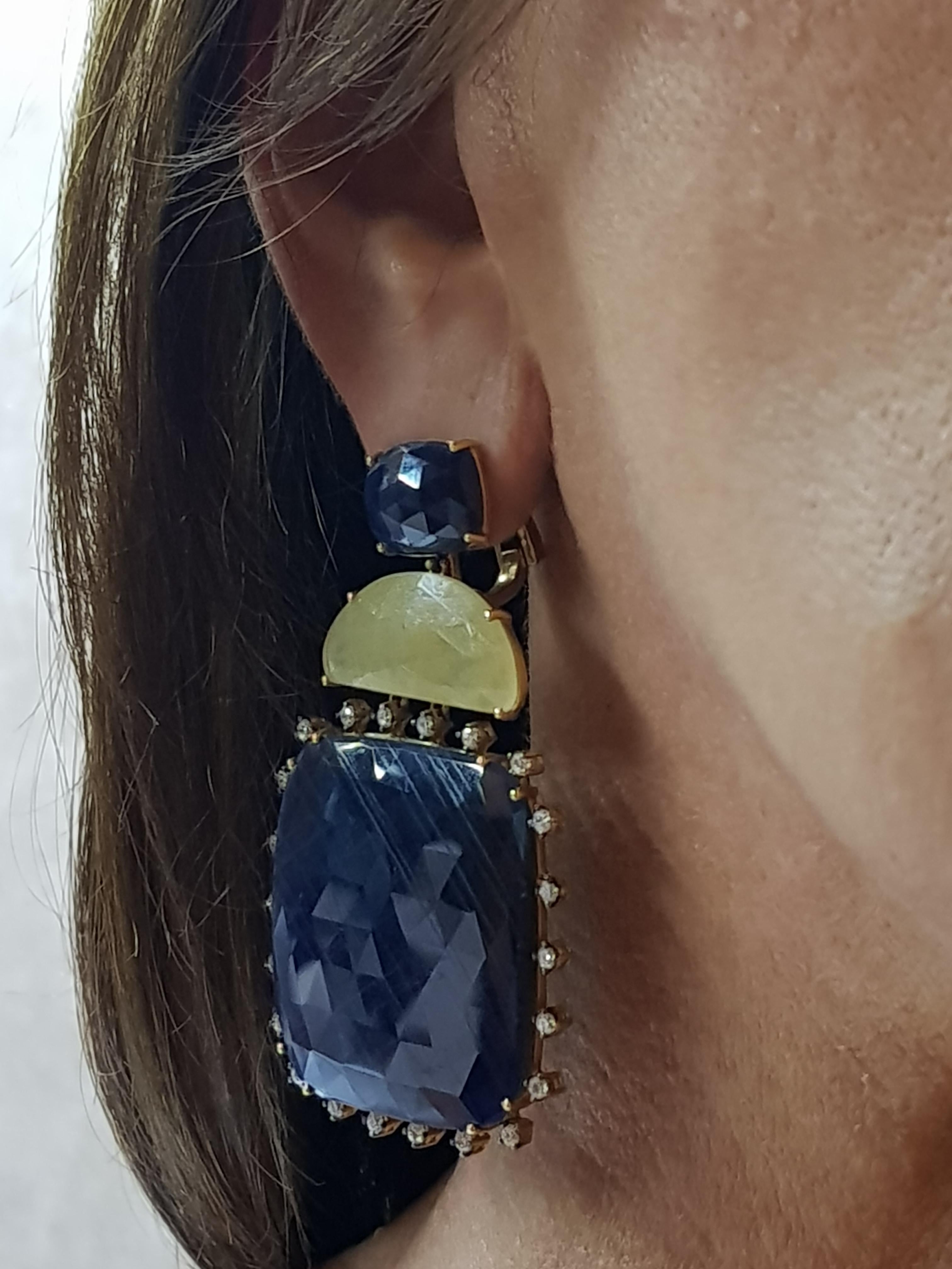 Round Cut Gold Diamond Slice Cut Blue and Yellow Sapphire Earrings For Sale