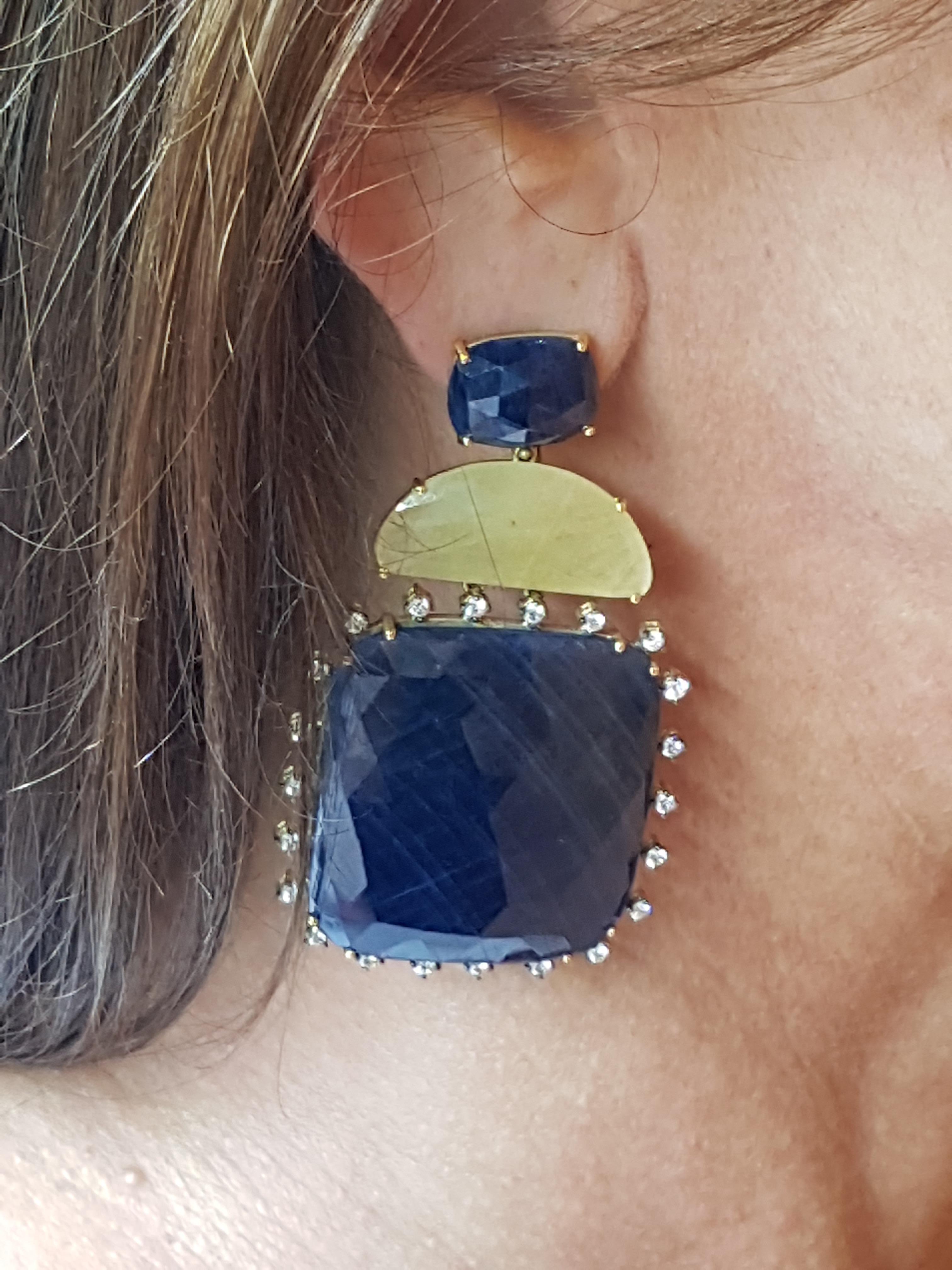 Gold Diamond Slice Cut Blue and Yellow Sapphire Earrings In New Condition For Sale In Findikli, Beyoglu