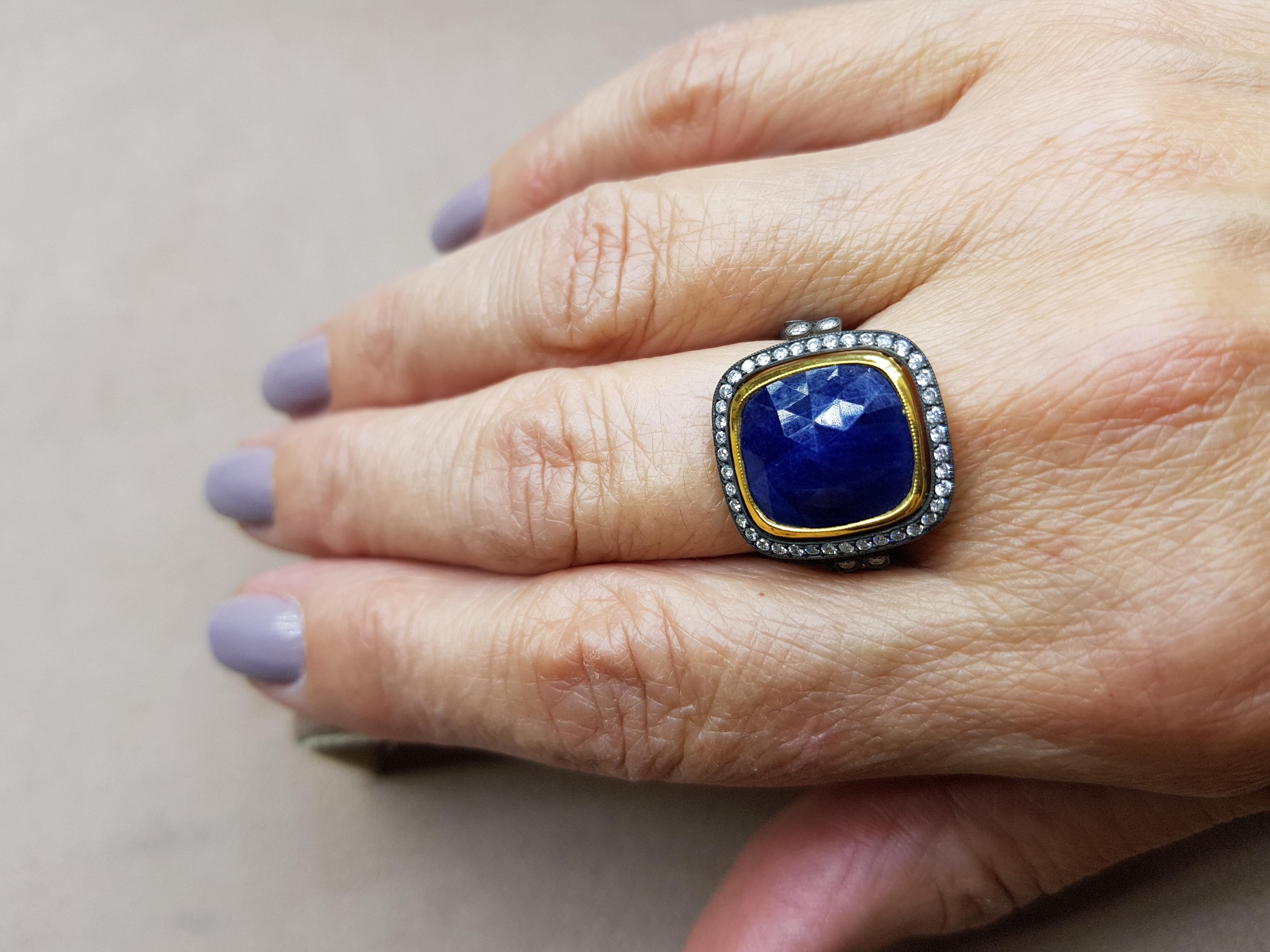 Gold Diamond Slice Cut Blue Vintage Sapphire Ring In New Condition For Sale In Findikli, Beyoglu