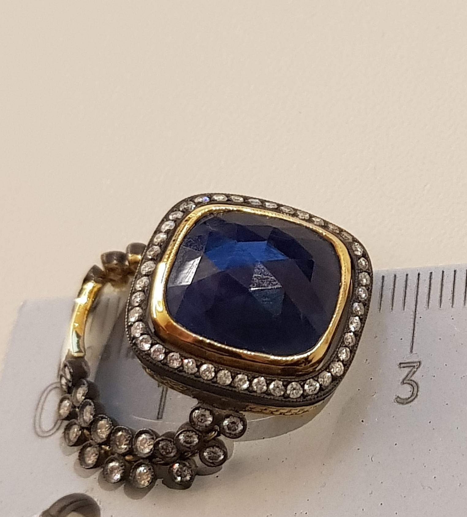 Gold Diamond Slice Cut Blue Vintage Sapphire Ring For Sale 1
