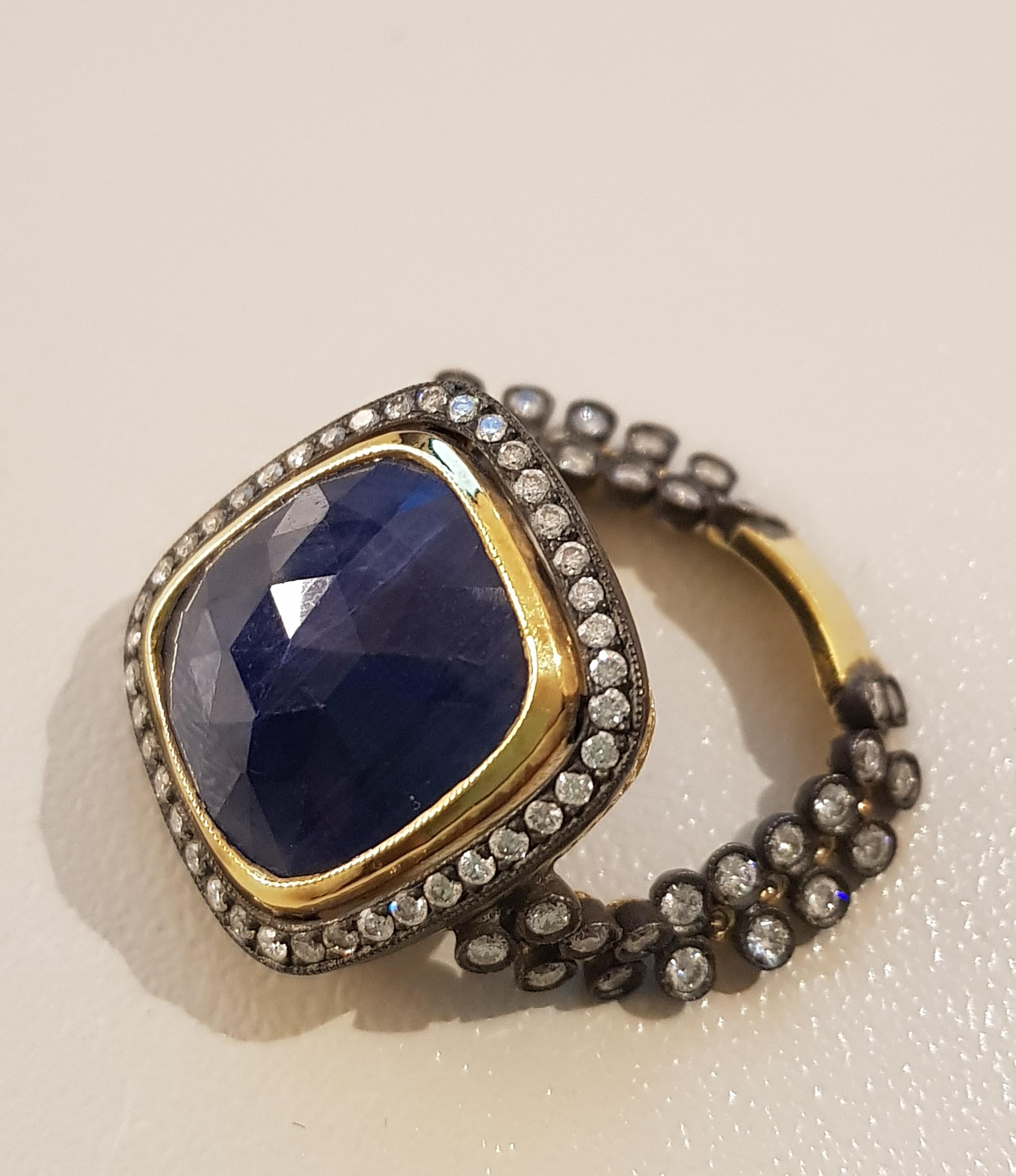 Gold Diamond Slice Cut Blue Vintage Sapphire Ring For Sale 2