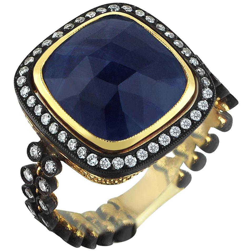 Gold Diamond Slice Cut Blue Vintage Sapphire Ring For Sale