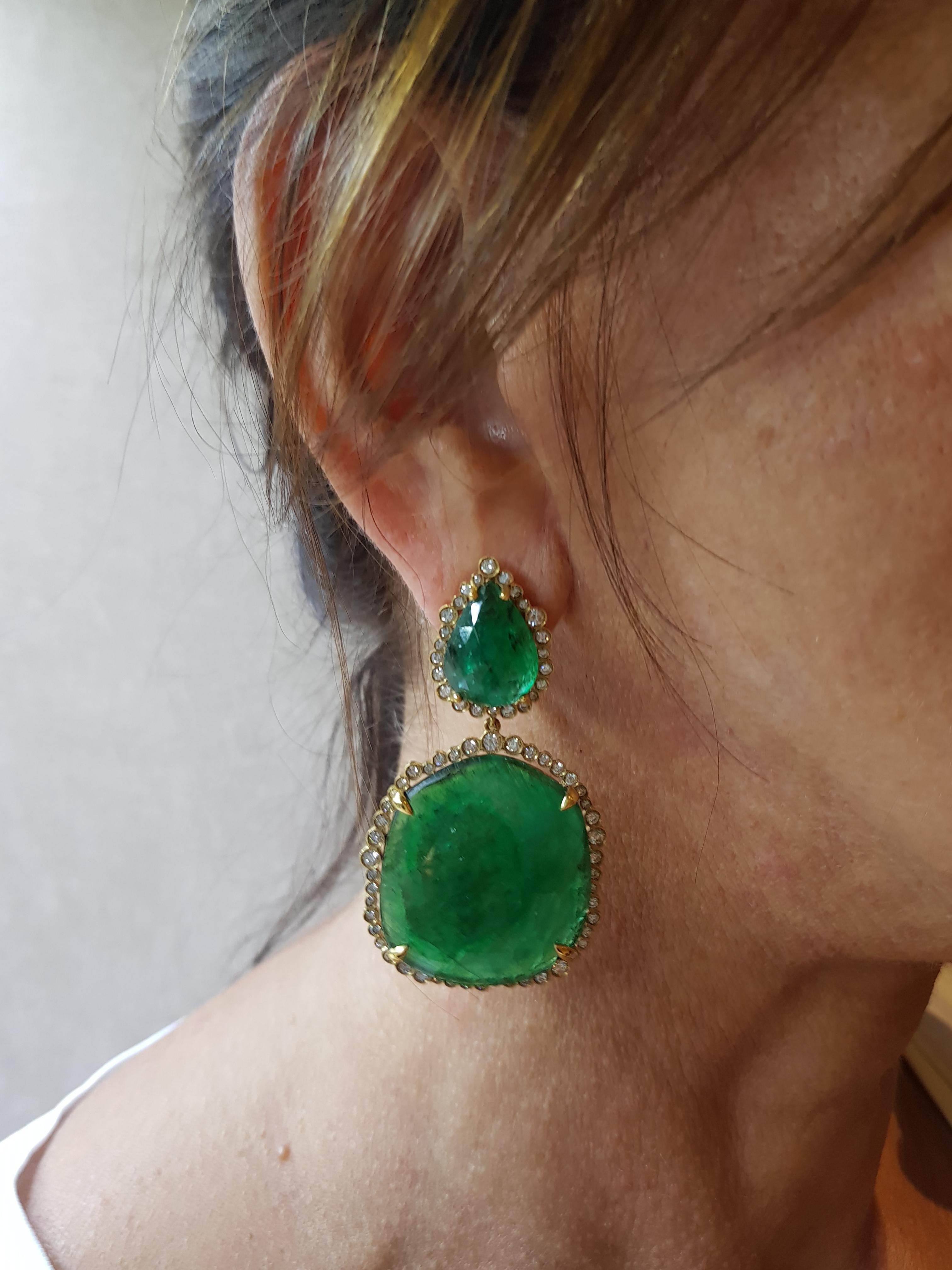 Round Cut Gold Diamond Slice Cut Emerald Cocktail Earring For Sale