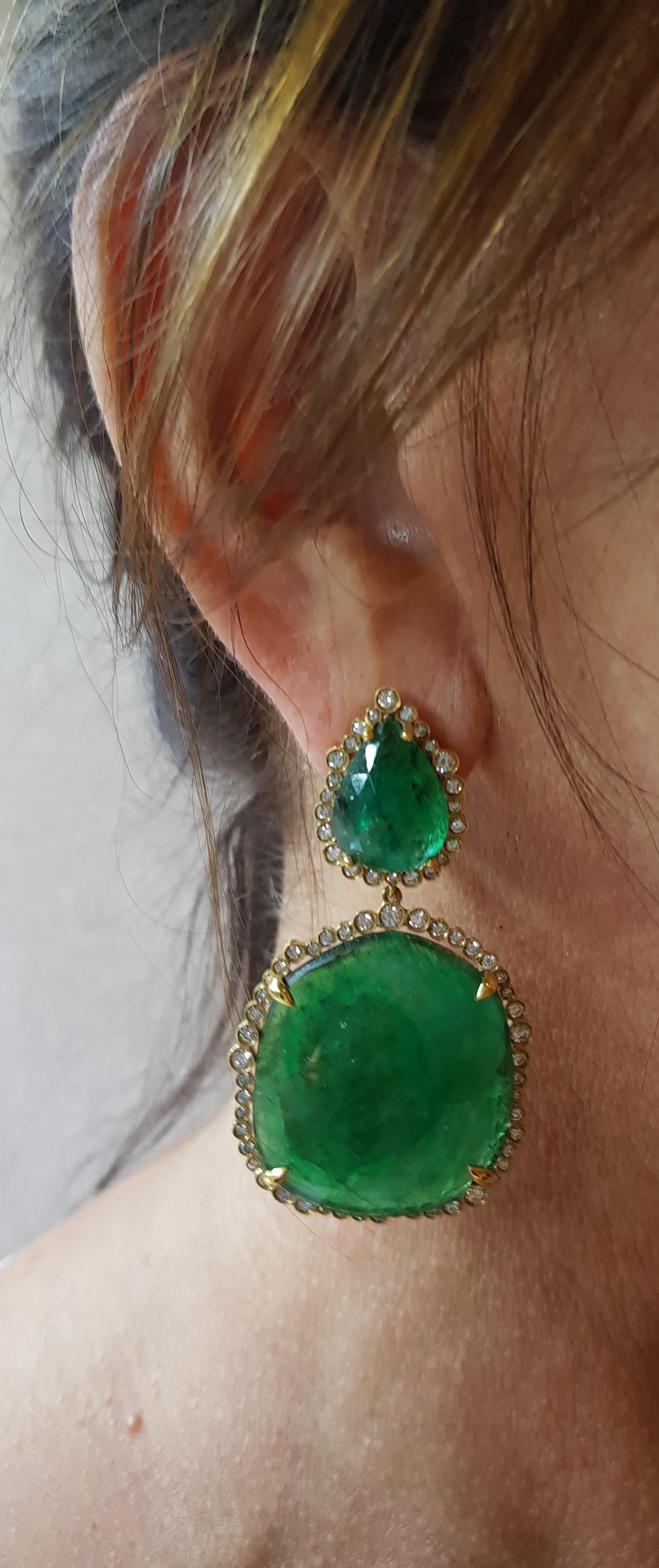 Gold Diamond Slice Cut Emerald Cocktail Earring For Sale 1