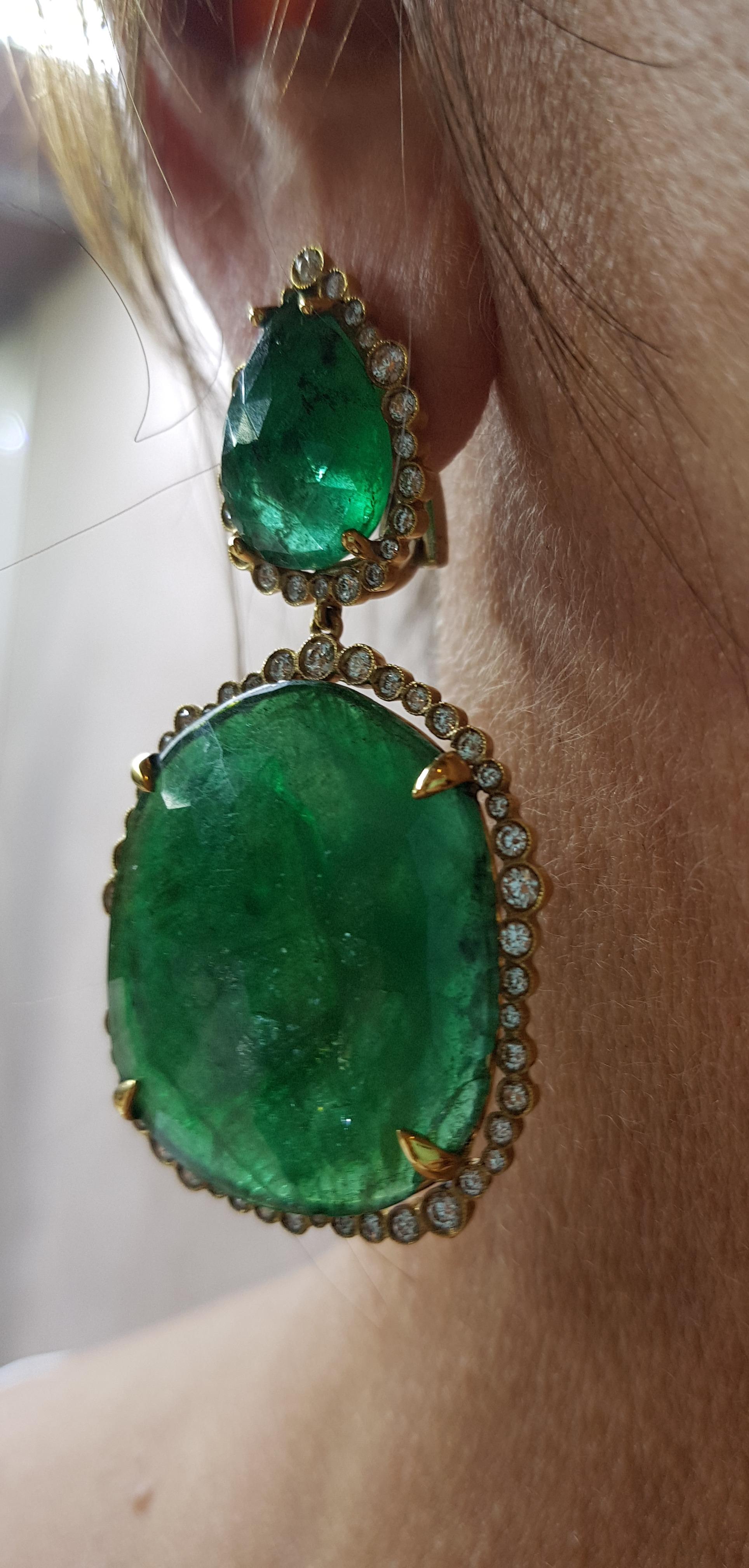 Gold Diamond Slice Cut Emerald Cocktail Earring For Sale 2