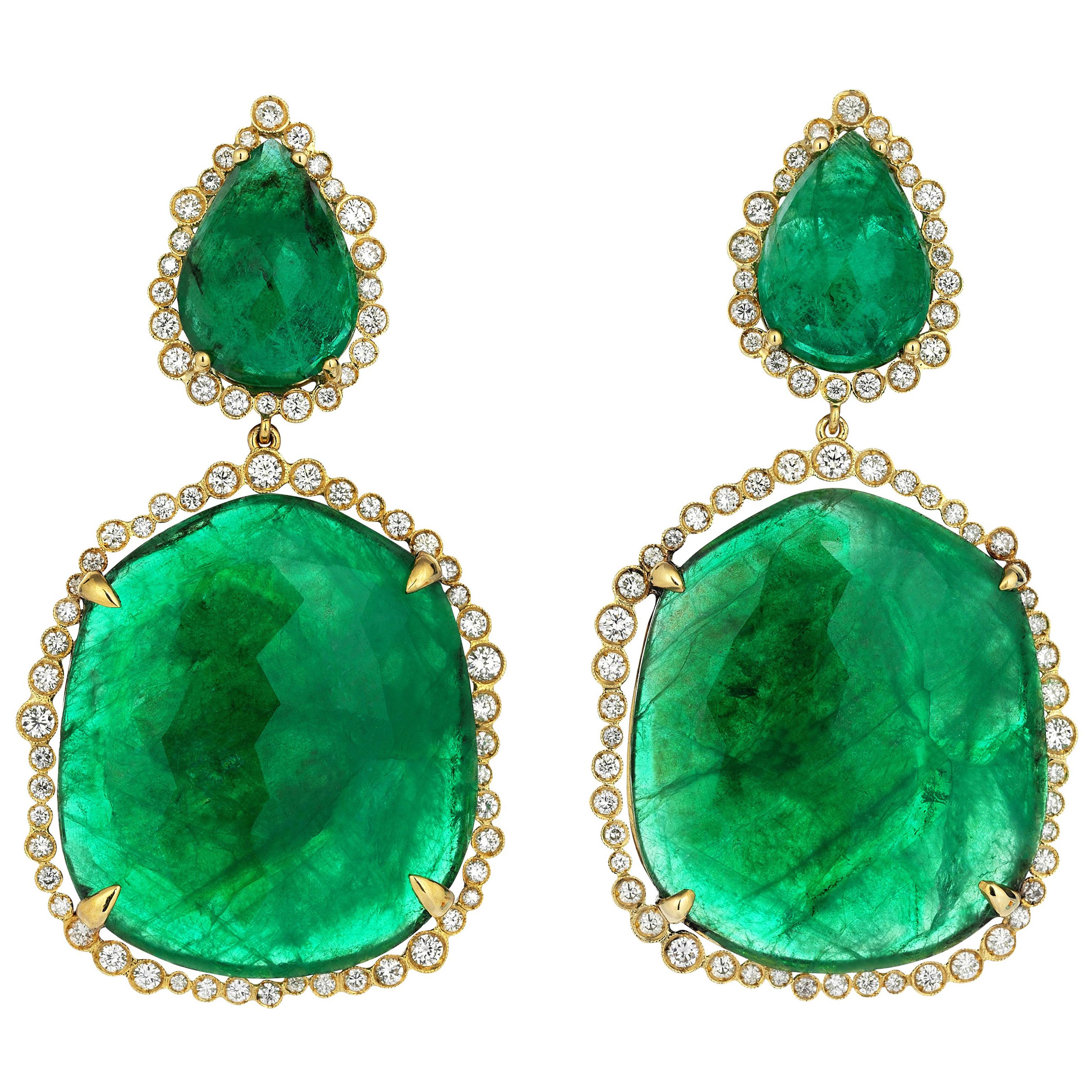 Gold Diamond Slice Cut Emerald Cocktail Earring For Sale