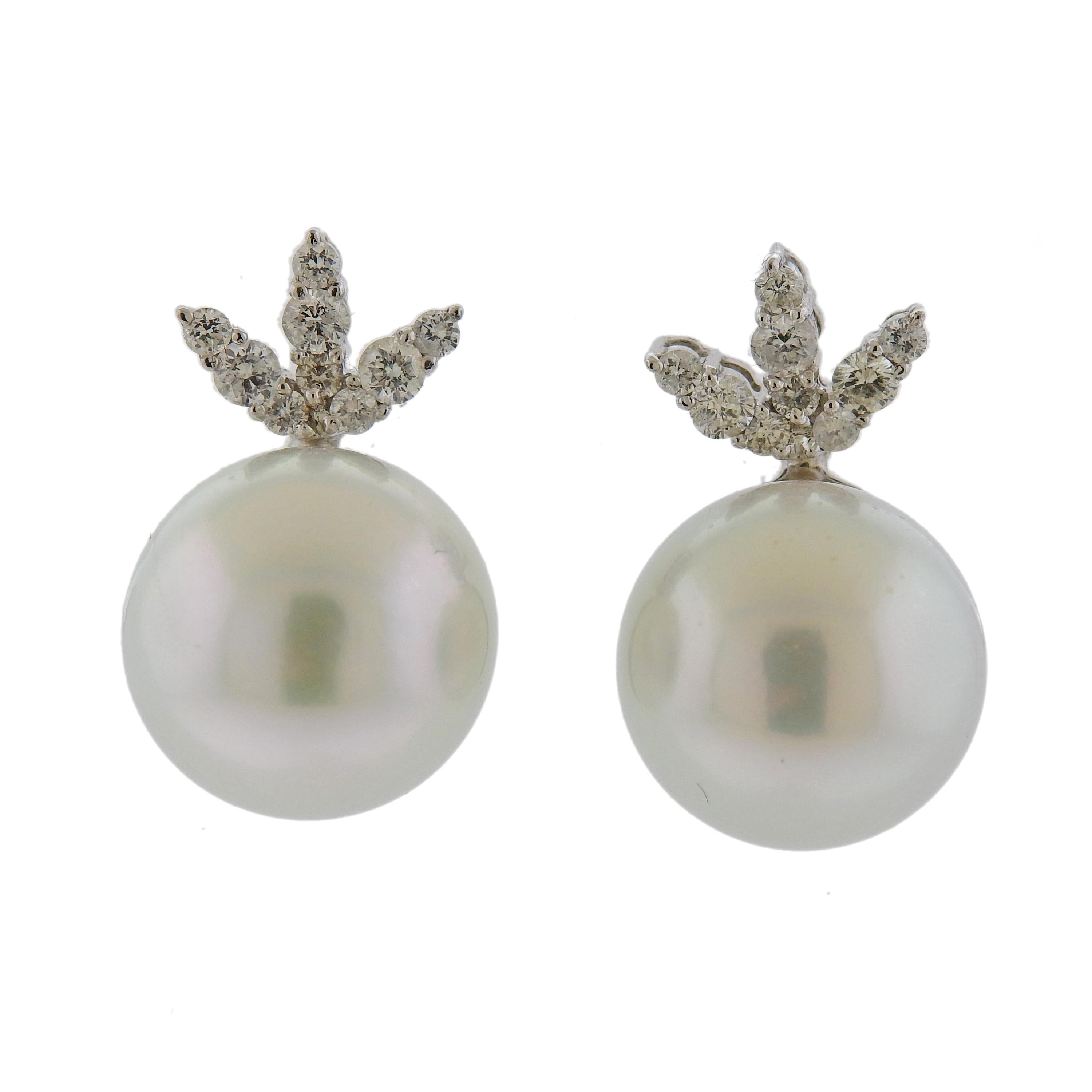 Gold Diamond South Sea Pearl Earrings In Excellent Condition In Lambertville, NJ