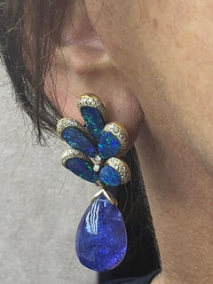 Gold Diamond Tanzanite Doublet Opal Peacock Earrings