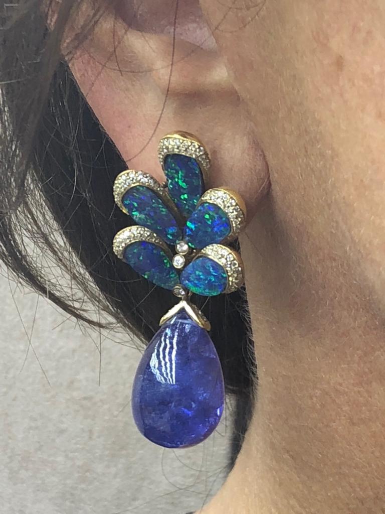 Contemporary Gold Diamond Tanzanite Doublet Opal Peacock Earrings For Sale