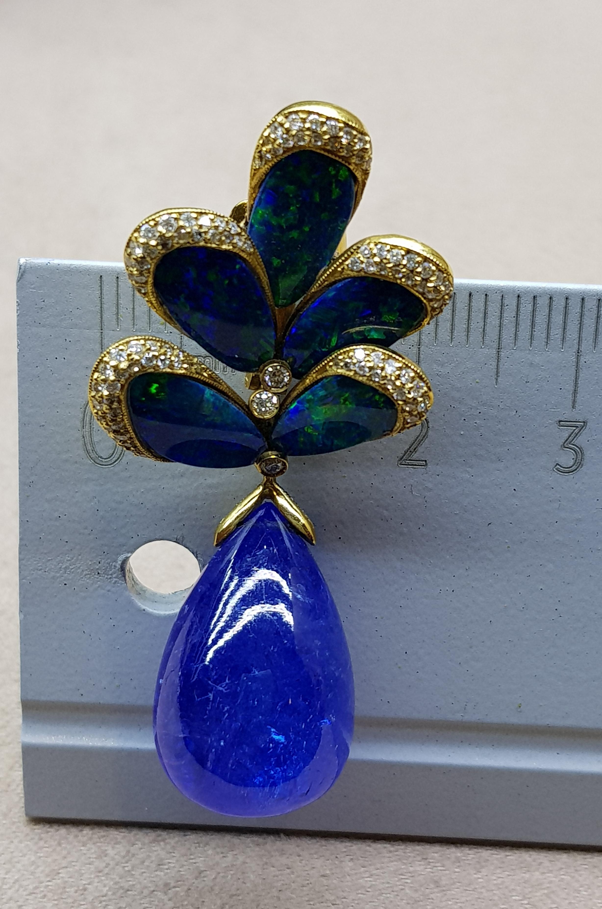 Women's Gold Diamond Tanzanite Doublet Opal Peacock Earrings For Sale