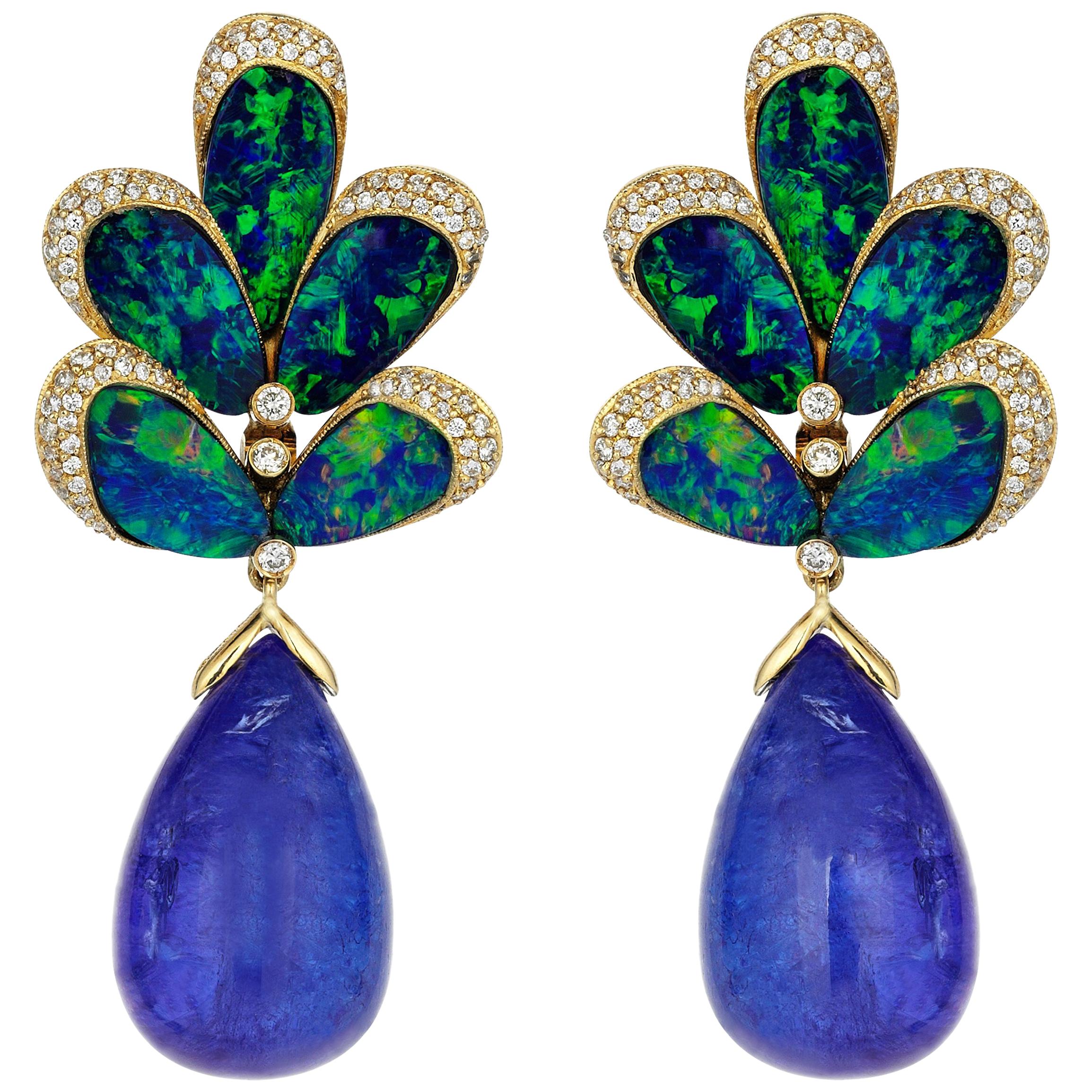 Gold Diamond Tanzanite Doublet Opal Peacock Earrings For Sale
