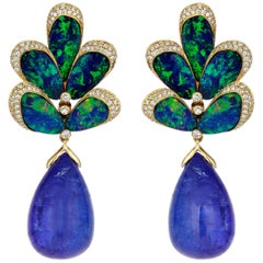 Gold Diamond Tanzanite Doublet Opal Peacock Earrings