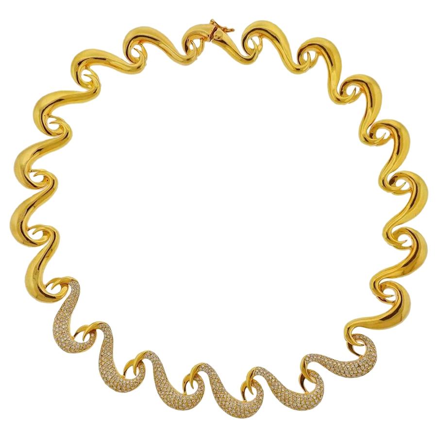 Gold Diamond Wave Necklace For Sale