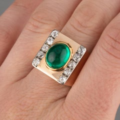 Gold Diamonds and 4 Carats Colombian Emerald French Tank Ring