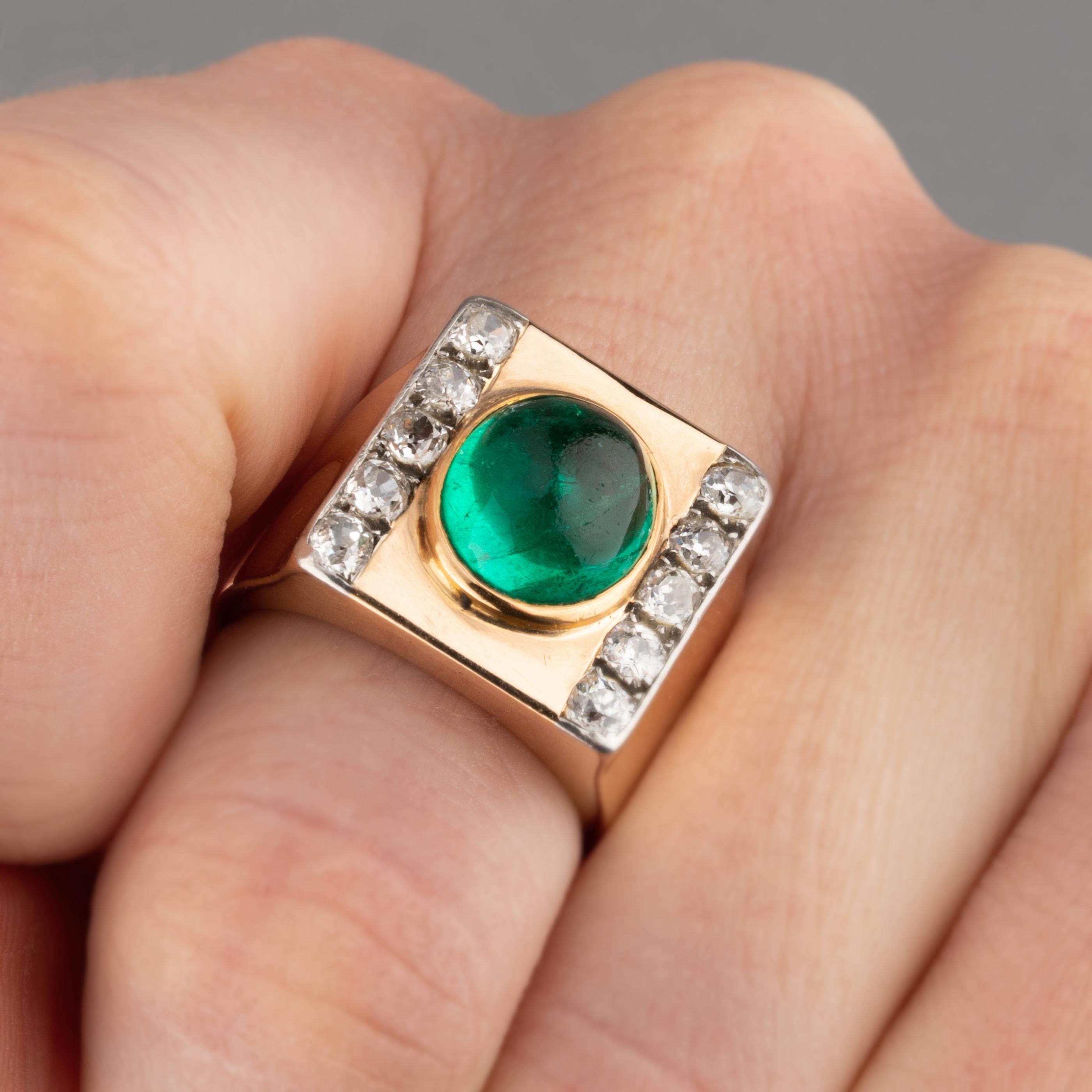 Cabochon Gold Diamonds and 4 Carats Colombian Emerald French Tank Ring For Sale