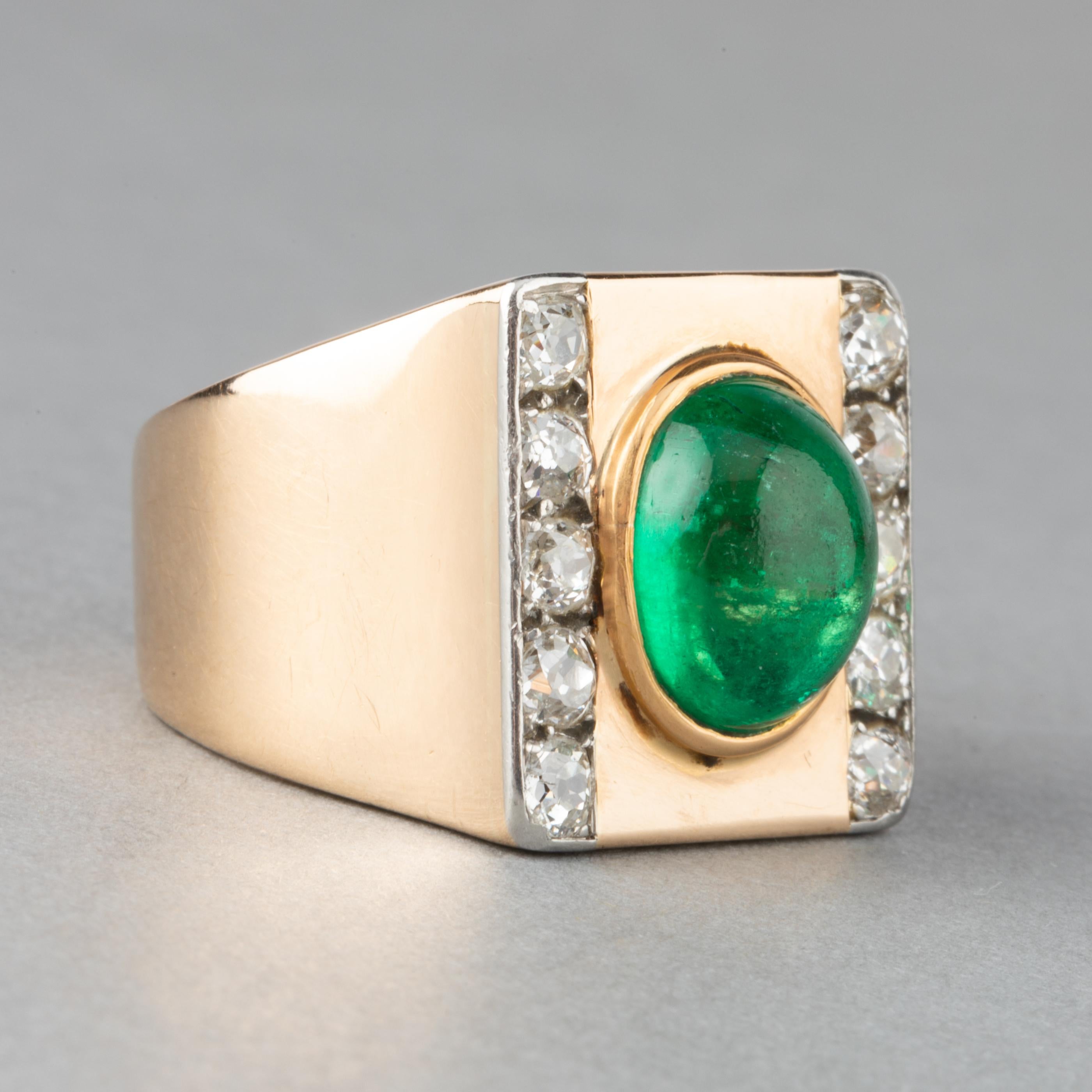 Women's Gold Diamonds and 4 Carats Colombian Emerald French Tank Ring For Sale