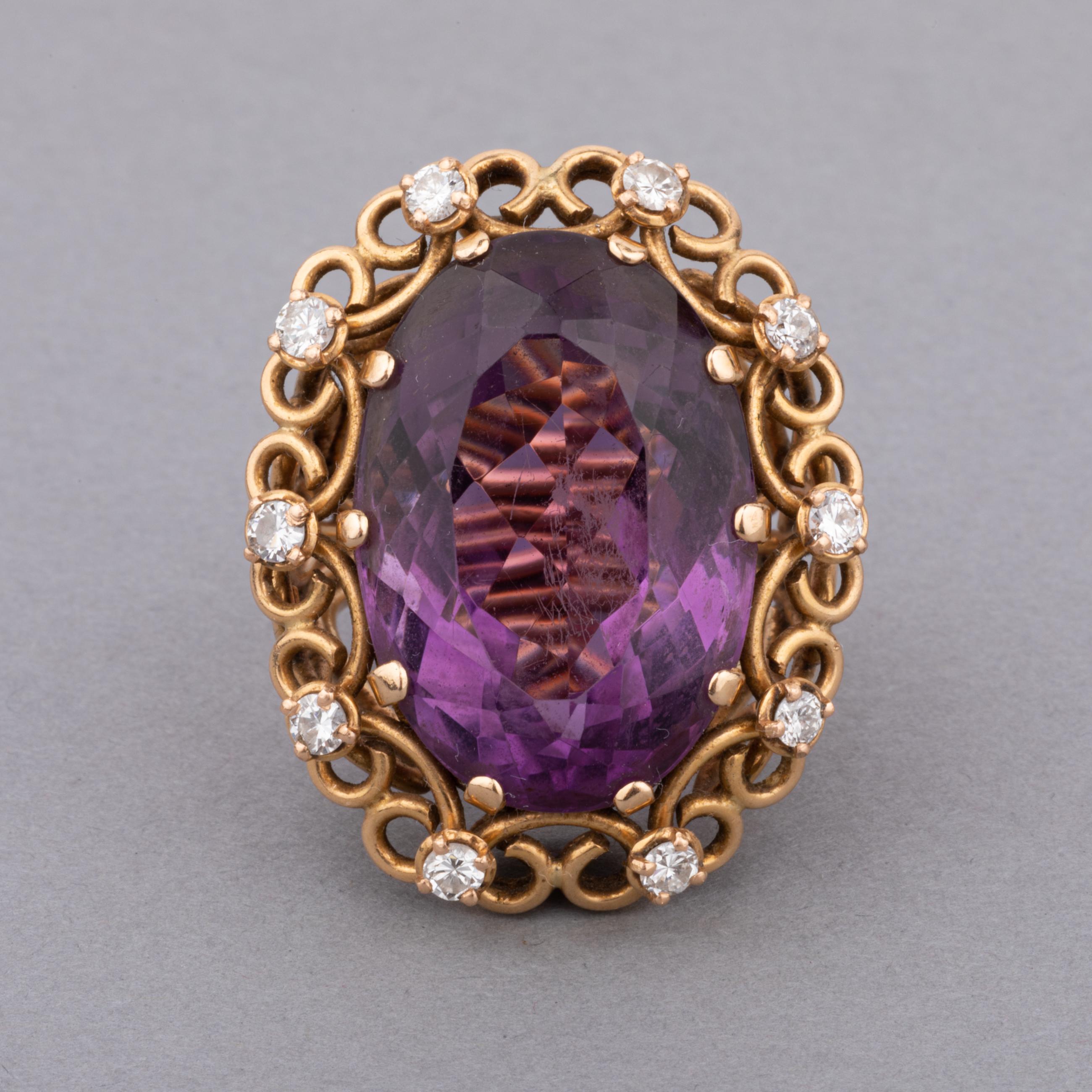 Oval Cut Gold Diamonds and Amethyst French Vintage Ring