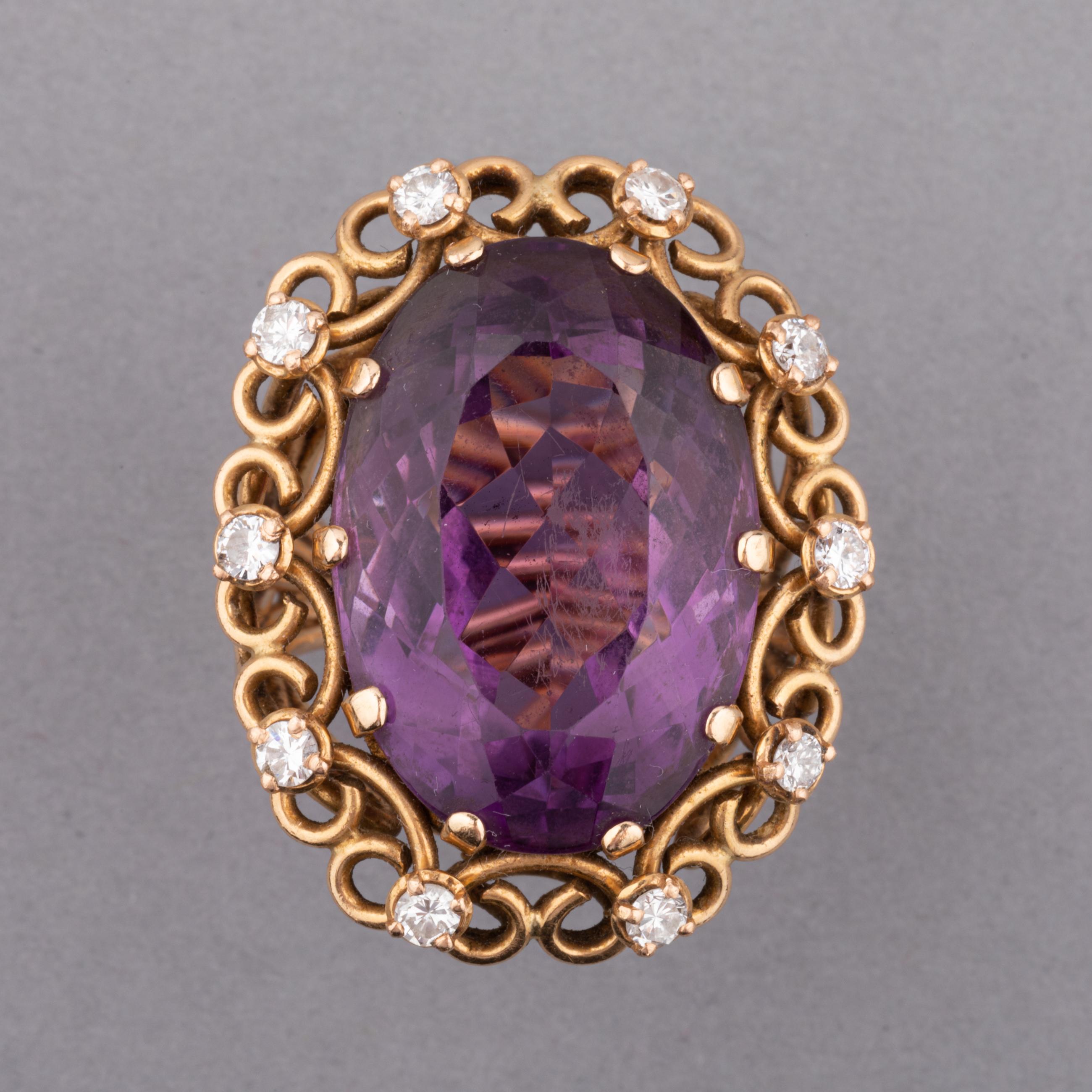 Women's Gold Diamonds and Amethyst French Vintage Ring