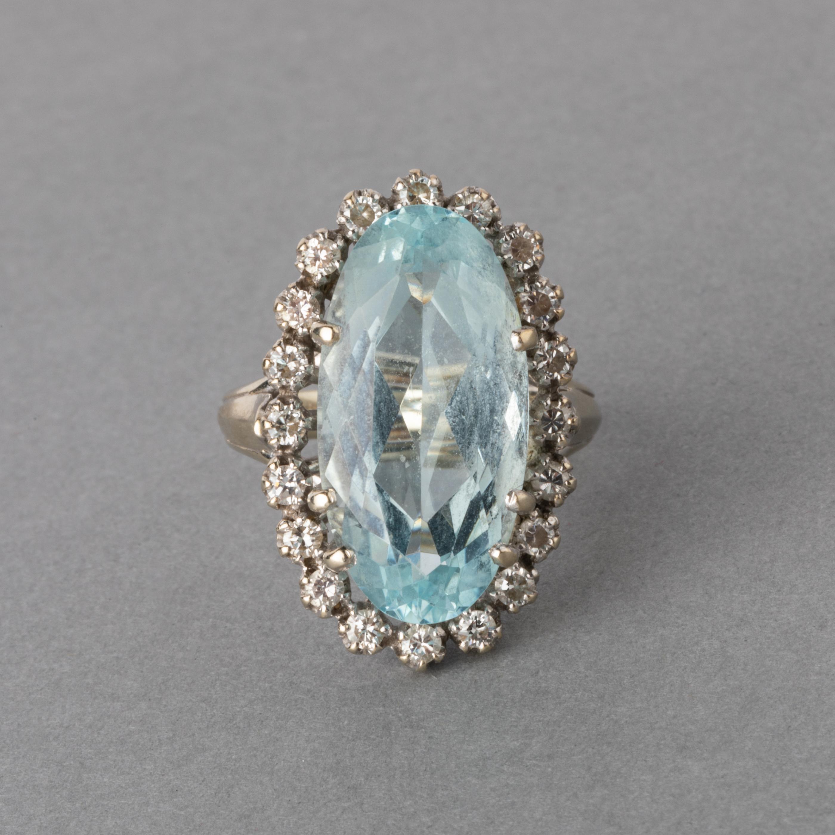 Oval Cut Gold Diamonds and Aquamarine French Vintage Ring For Sale