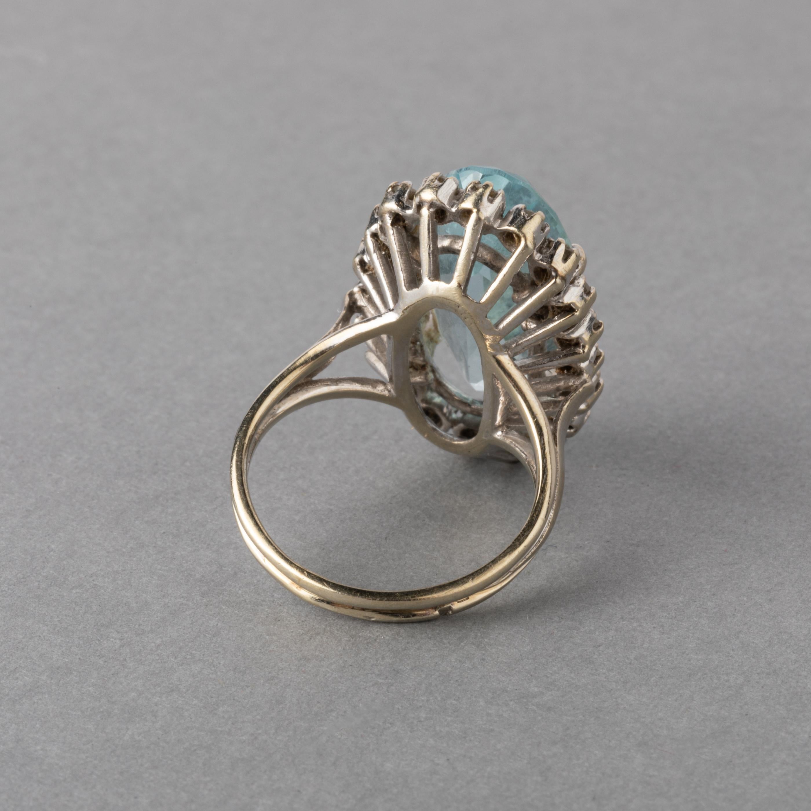 Women's Gold Diamonds and Aquamarine French Vintage Ring For Sale