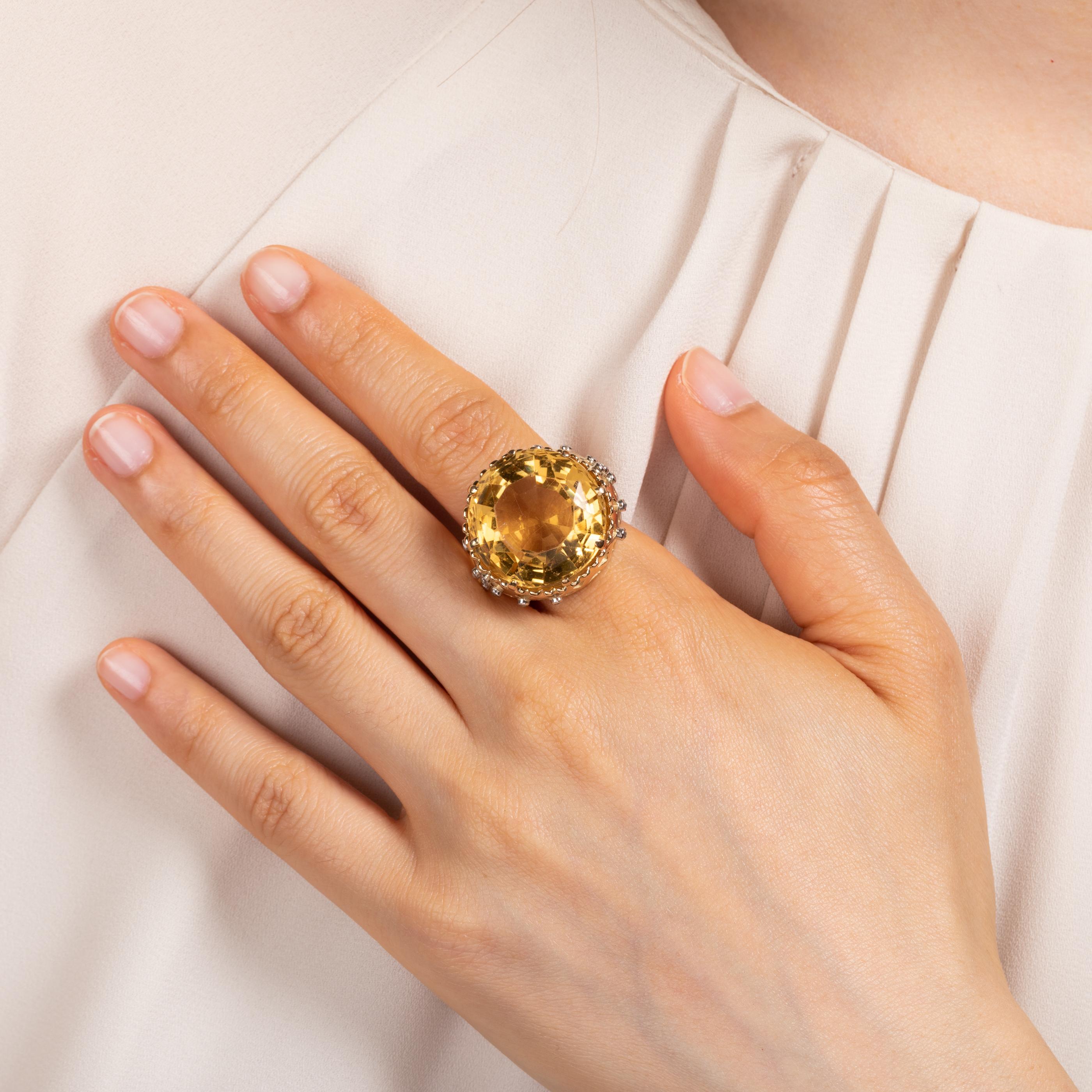 Round Cut Gold Diamonds and Citrine French Retro Ring For Sale