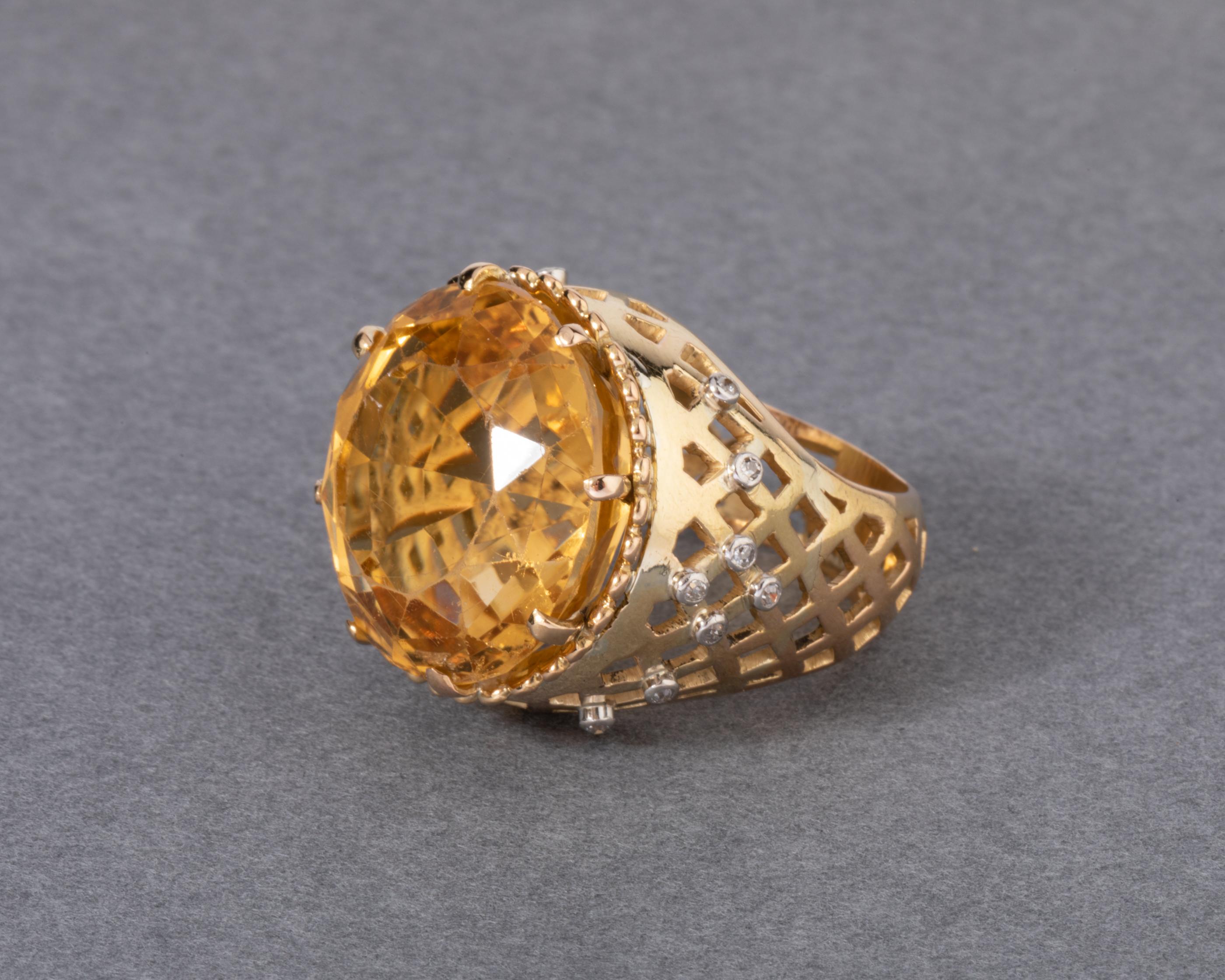 Women's Gold Diamonds and Citrine French Retro Ring For Sale