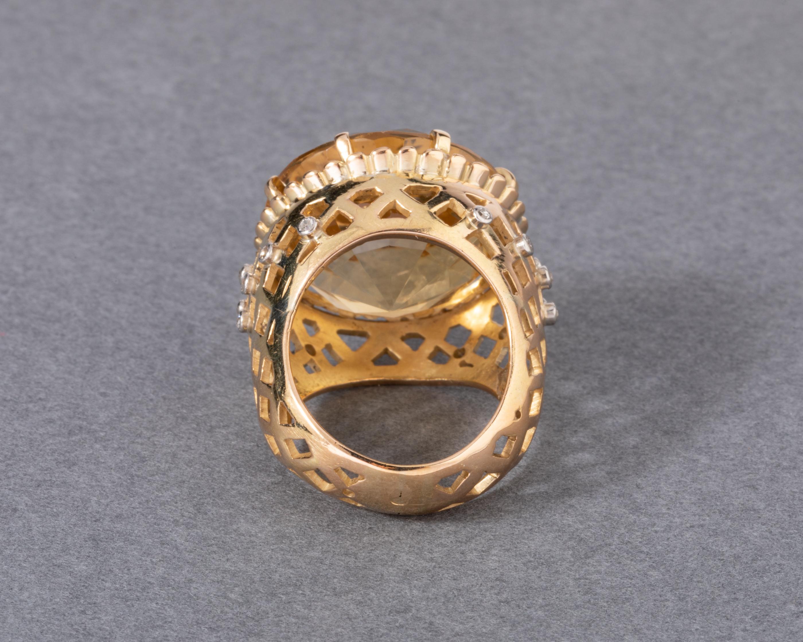 Gold Diamonds and Citrine French Retro Ring For Sale 1