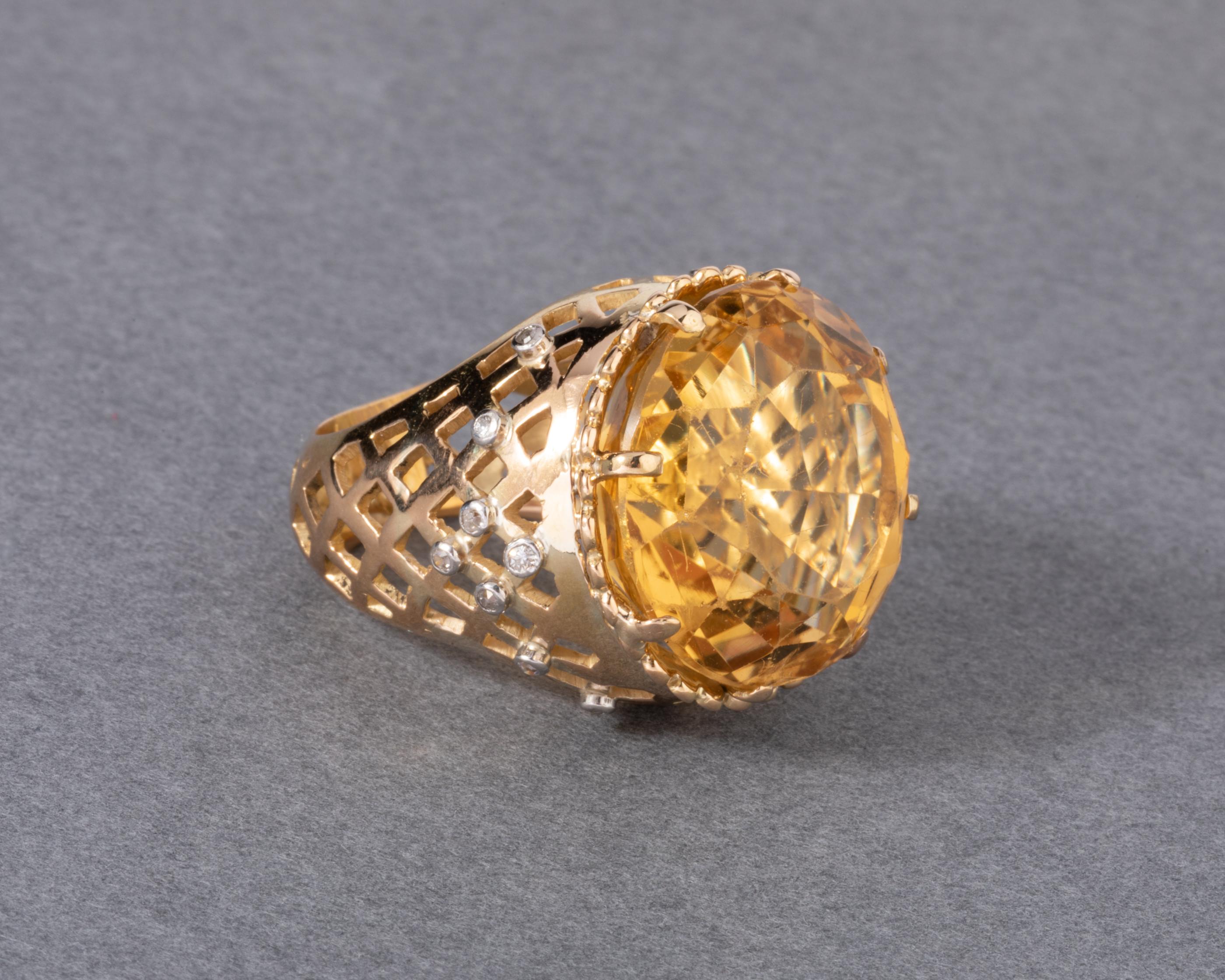Gold Diamonds and Citrine French Retro Ring For Sale 2