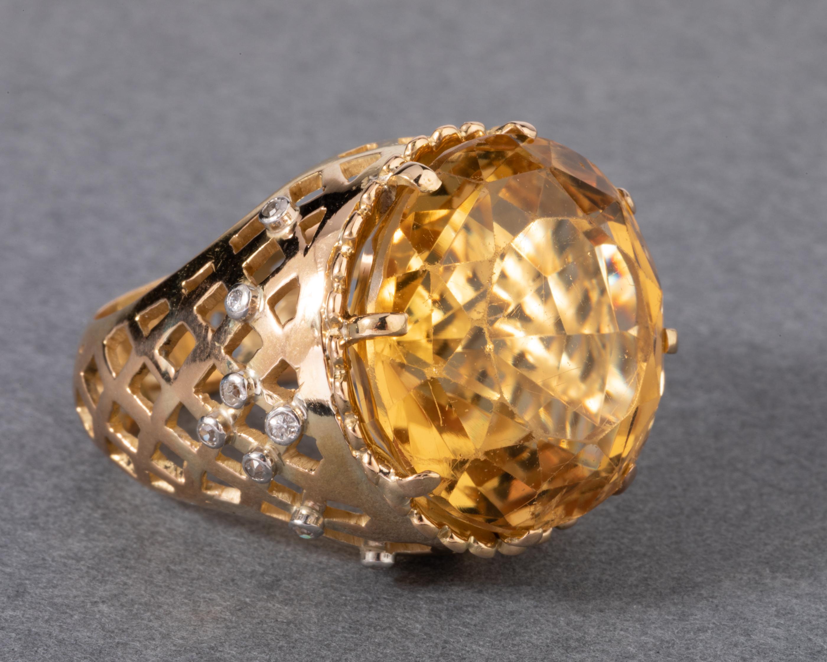 Gold Diamonds and Citrine French Retro Ring For Sale 3