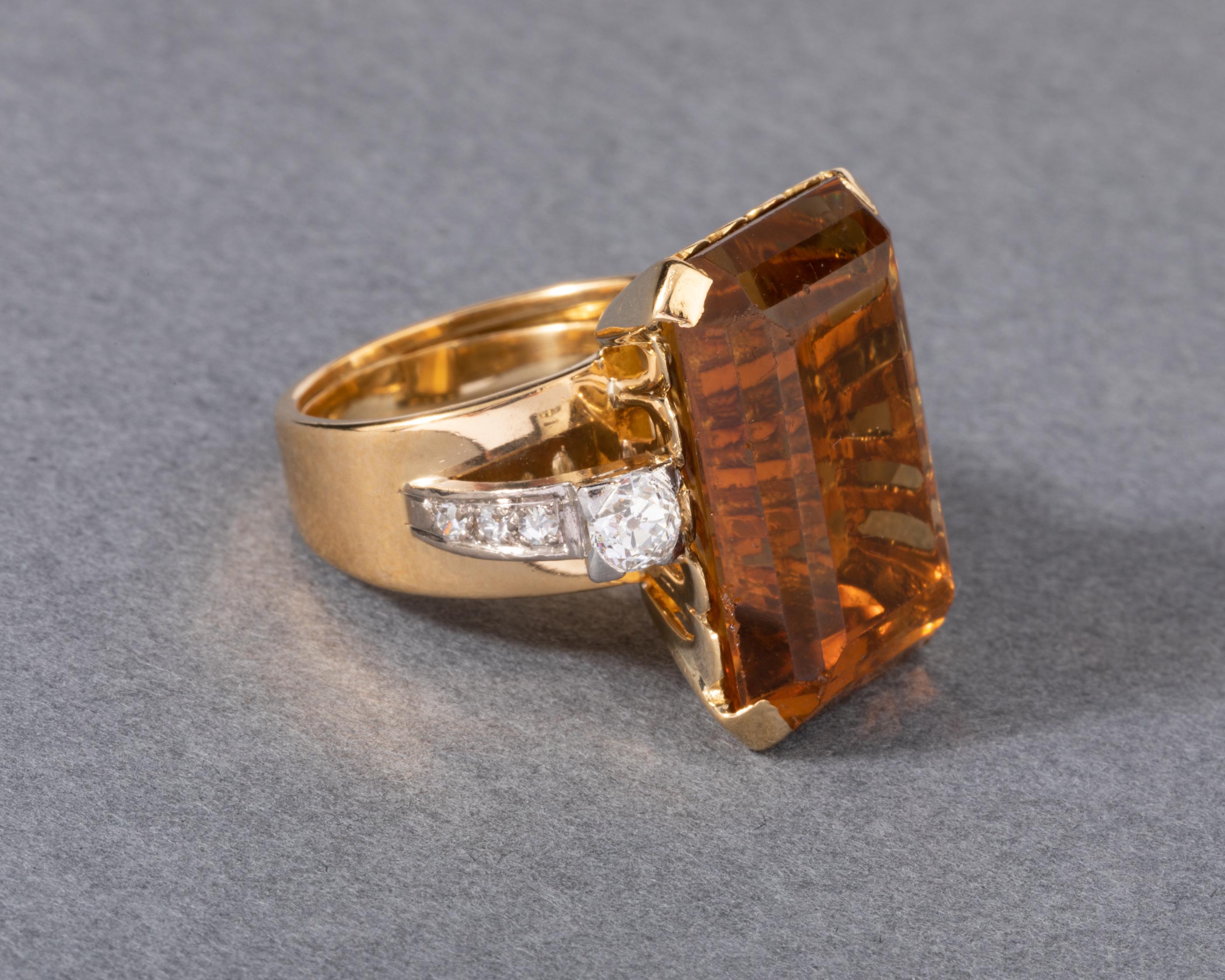 Emerald Cut Gold Diamonds and Citrine French Vintage Ring For Sale