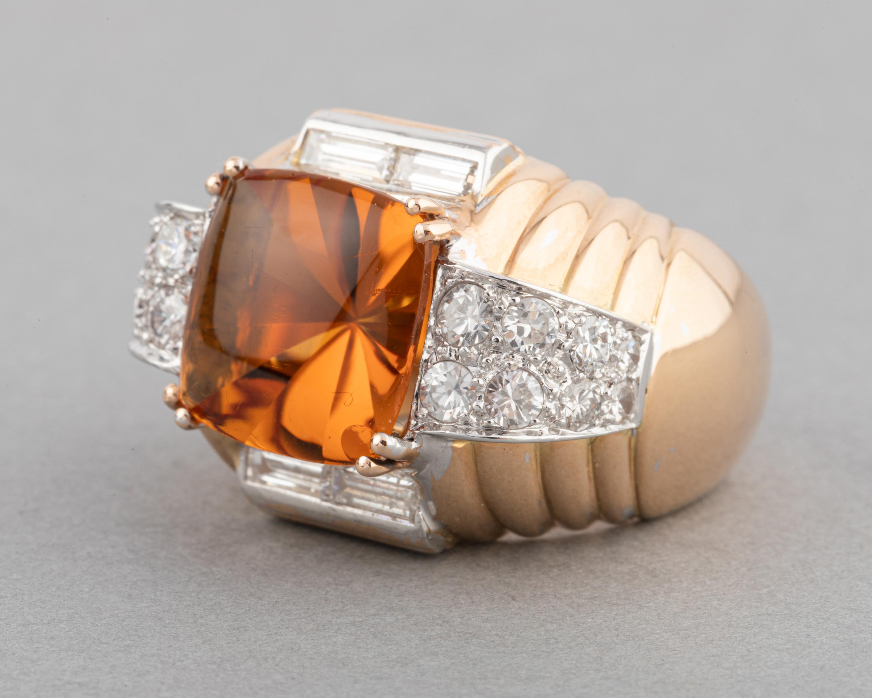 Square Cut Gold Diamonds and Citrines French Retro Ring For Sale