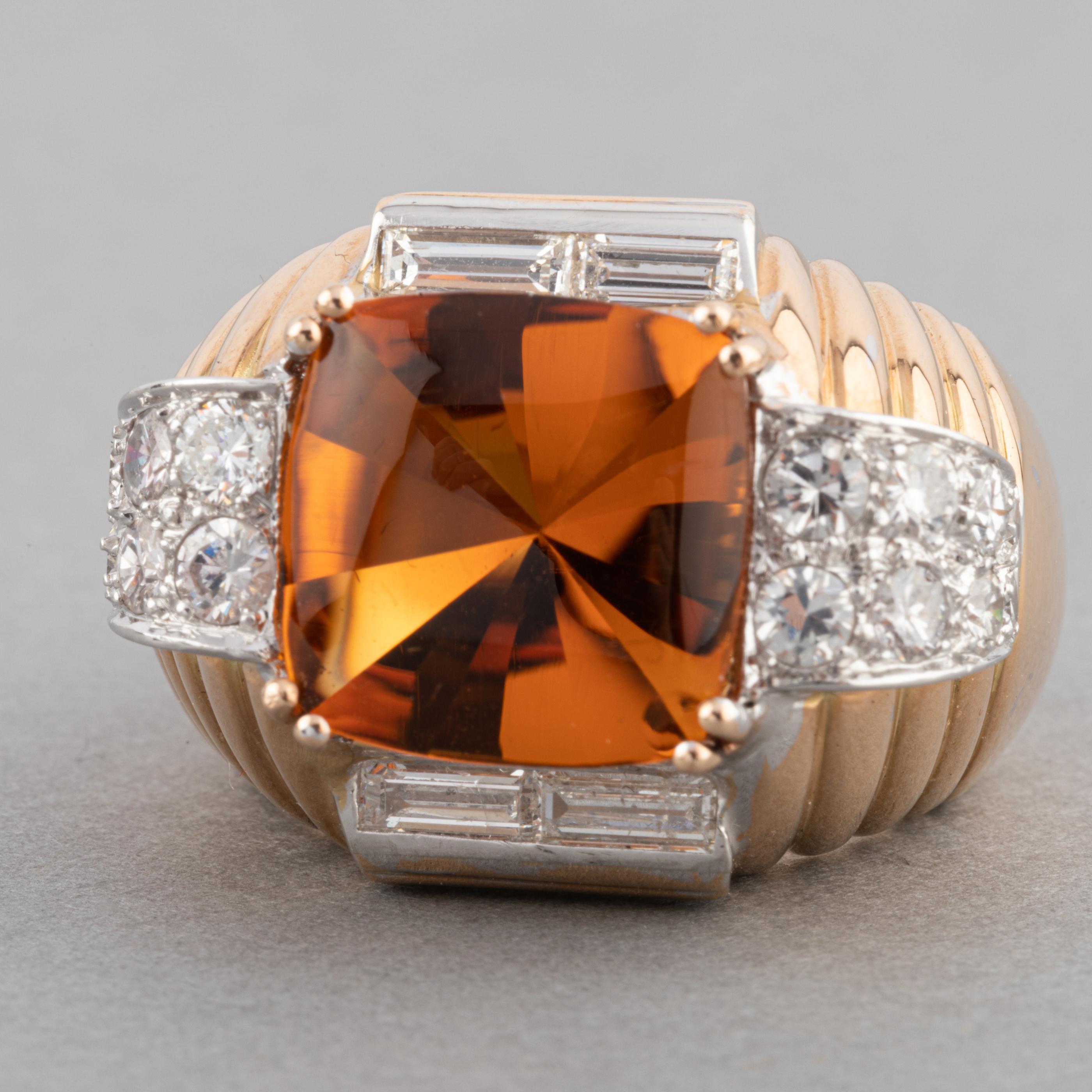 Gold Diamonds and Citrines French Retro Ring In Good Condition For Sale In Saint-Ouen, FR