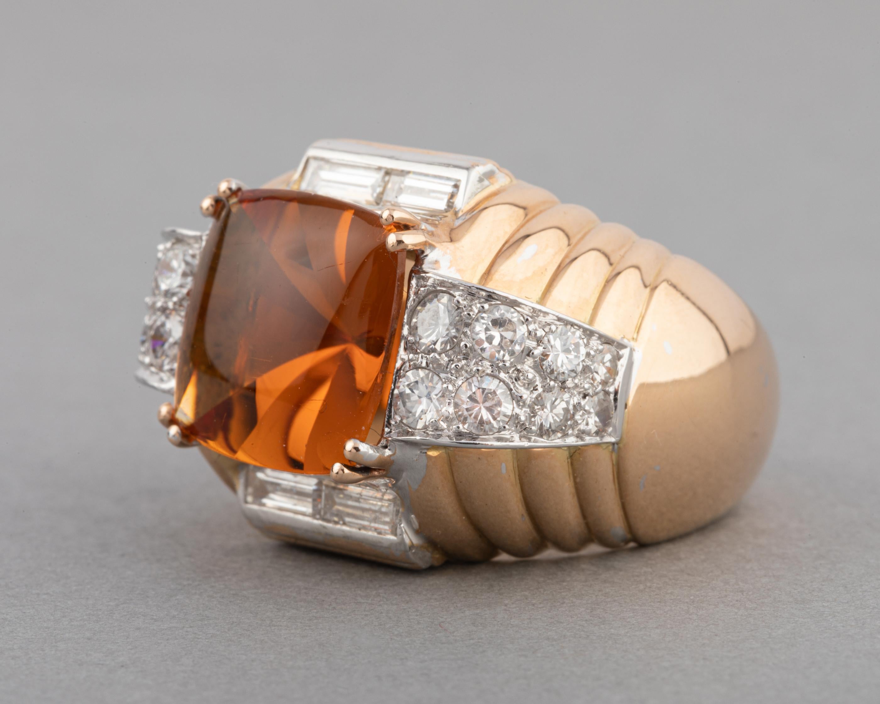 Gold Diamonds and Citrines French Retro Ring For Sale 2