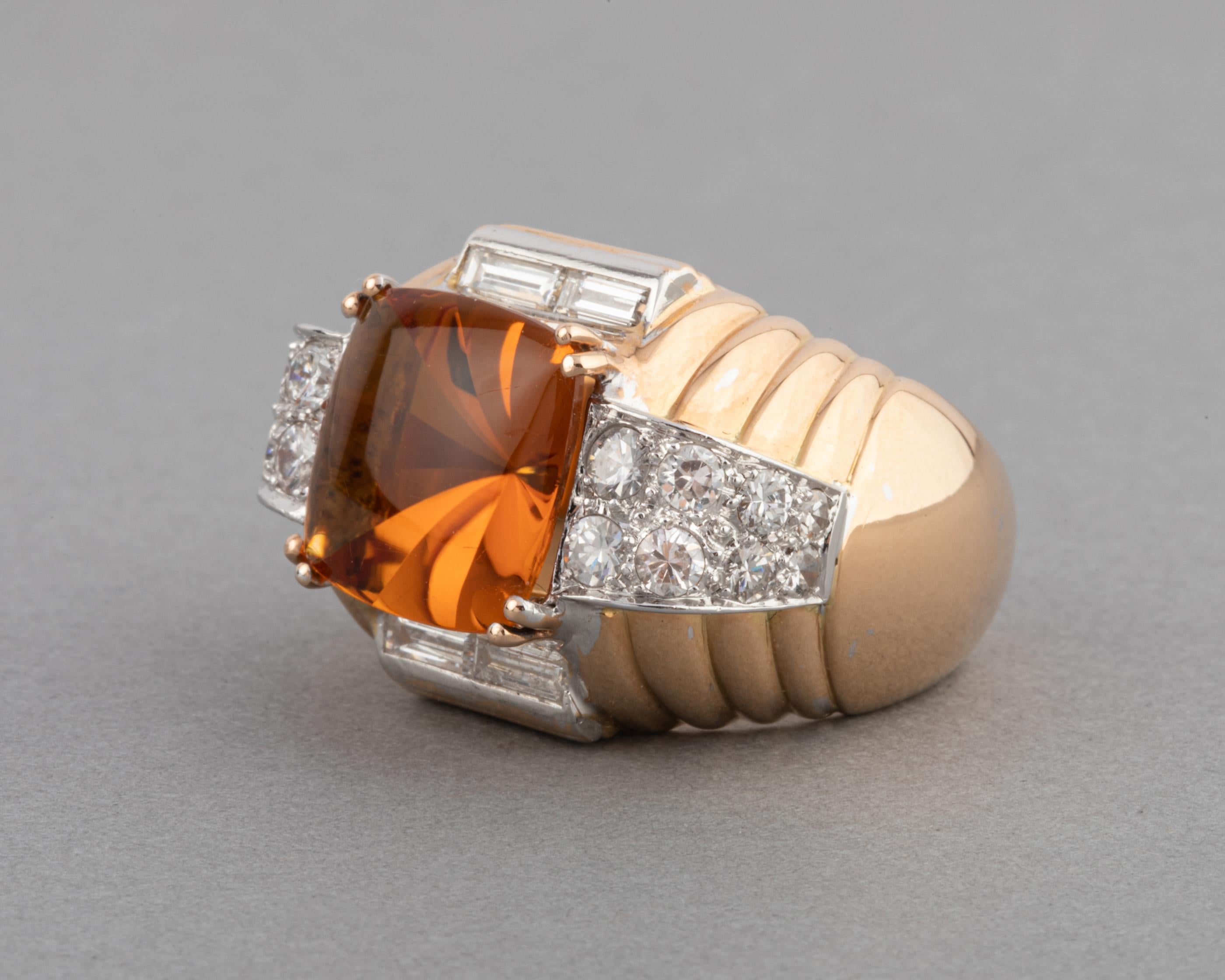 Gold Diamonds and Citrines French Retro Ring For Sale 3