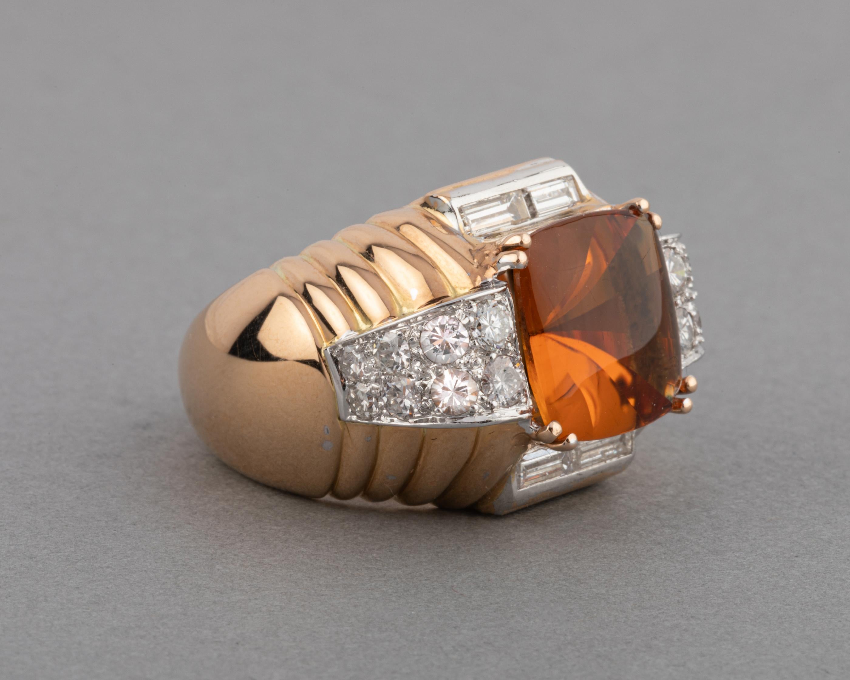 Gold Diamonds and Citrines French Retro Ring For Sale 4
