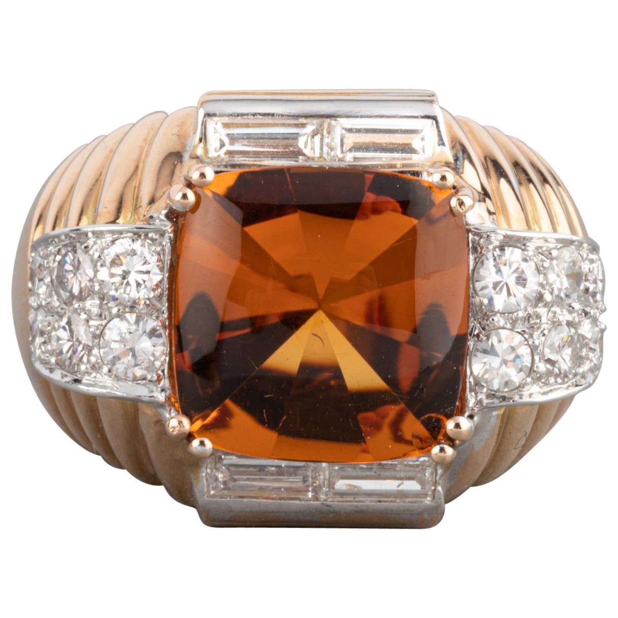 Gold Diamonds and Citrines French Retro Ring For Sale
