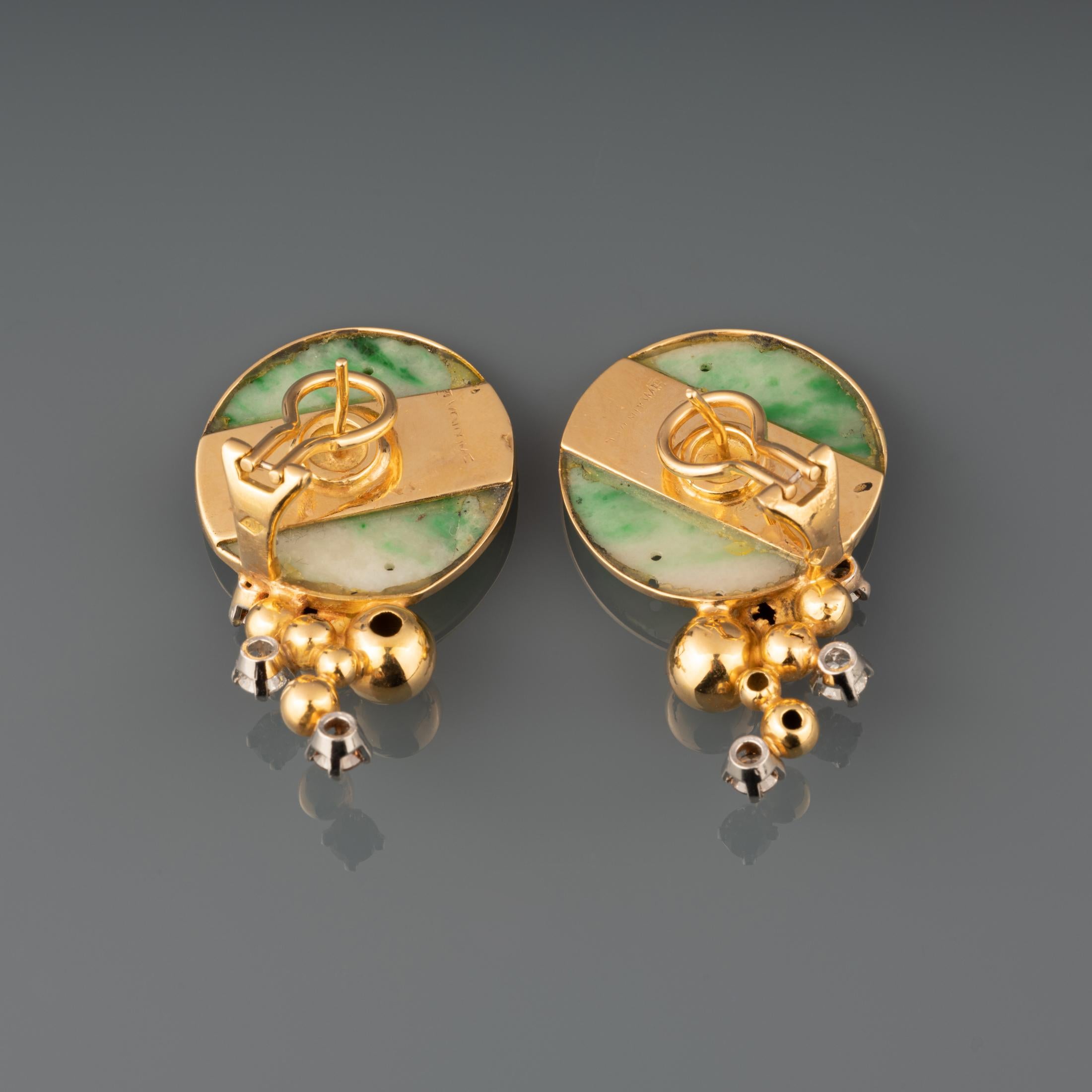Round Cut Gold Diamonds and Jade Earrings by Jean Vendome For Sale