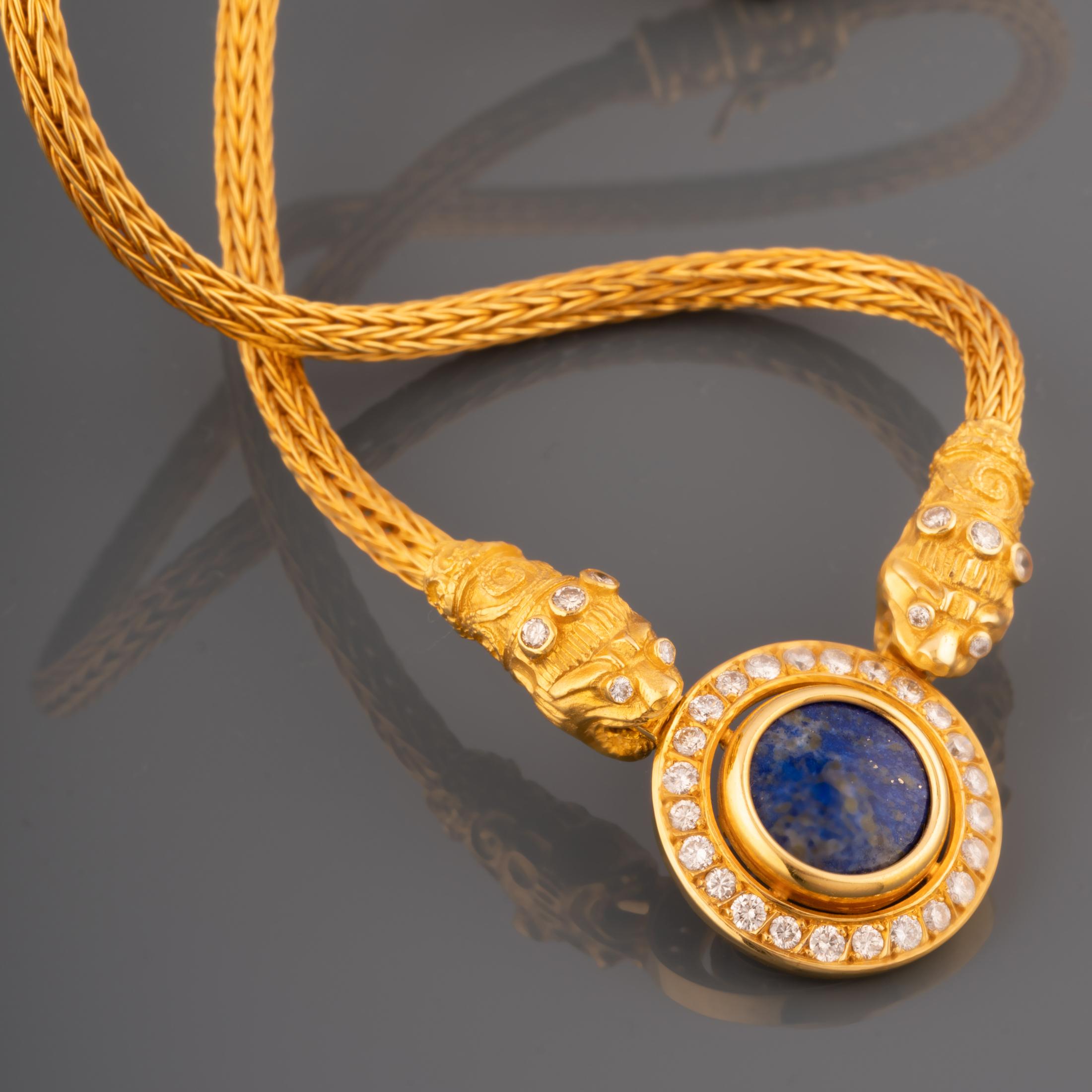 Round Cut Gold Diamonds and Lapis Lazuli Greek Necklace For Sale